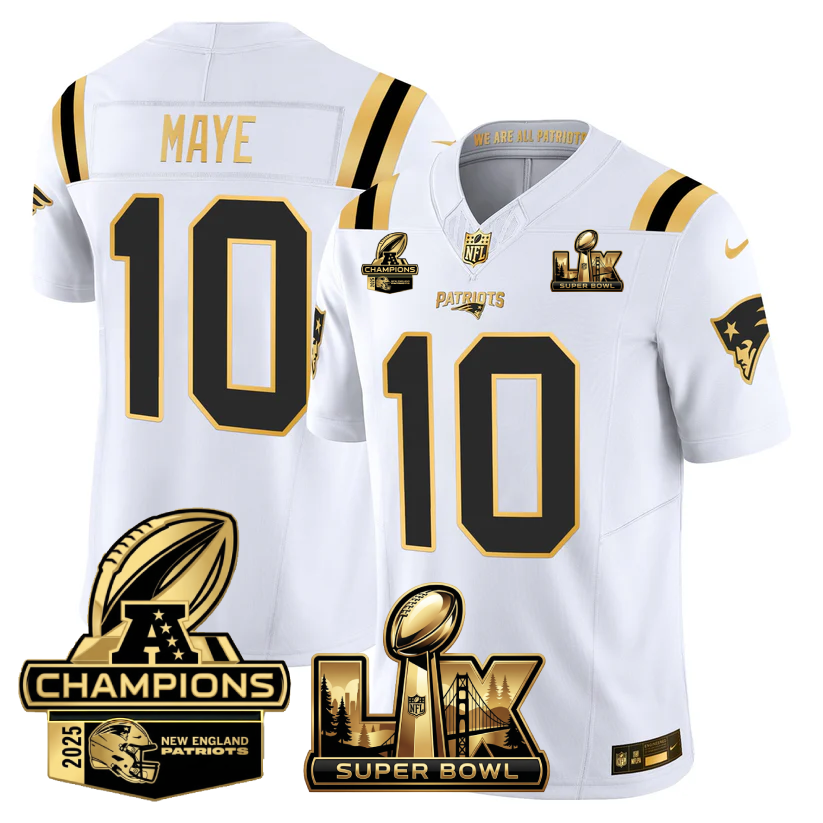 Drake Maye New England Patriots Super Bowl LX - AFC Champions Patch Gold Vapor Limited White Gold Jersey - All Stitched
