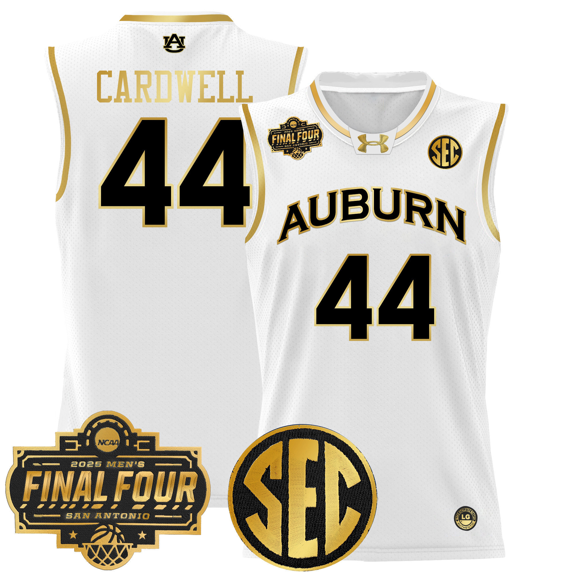 Dylan Cardwell Men's Auburn Tigers 2025 Final Four Patch Lightweight Basketball White Gold Jersey - All Stitched