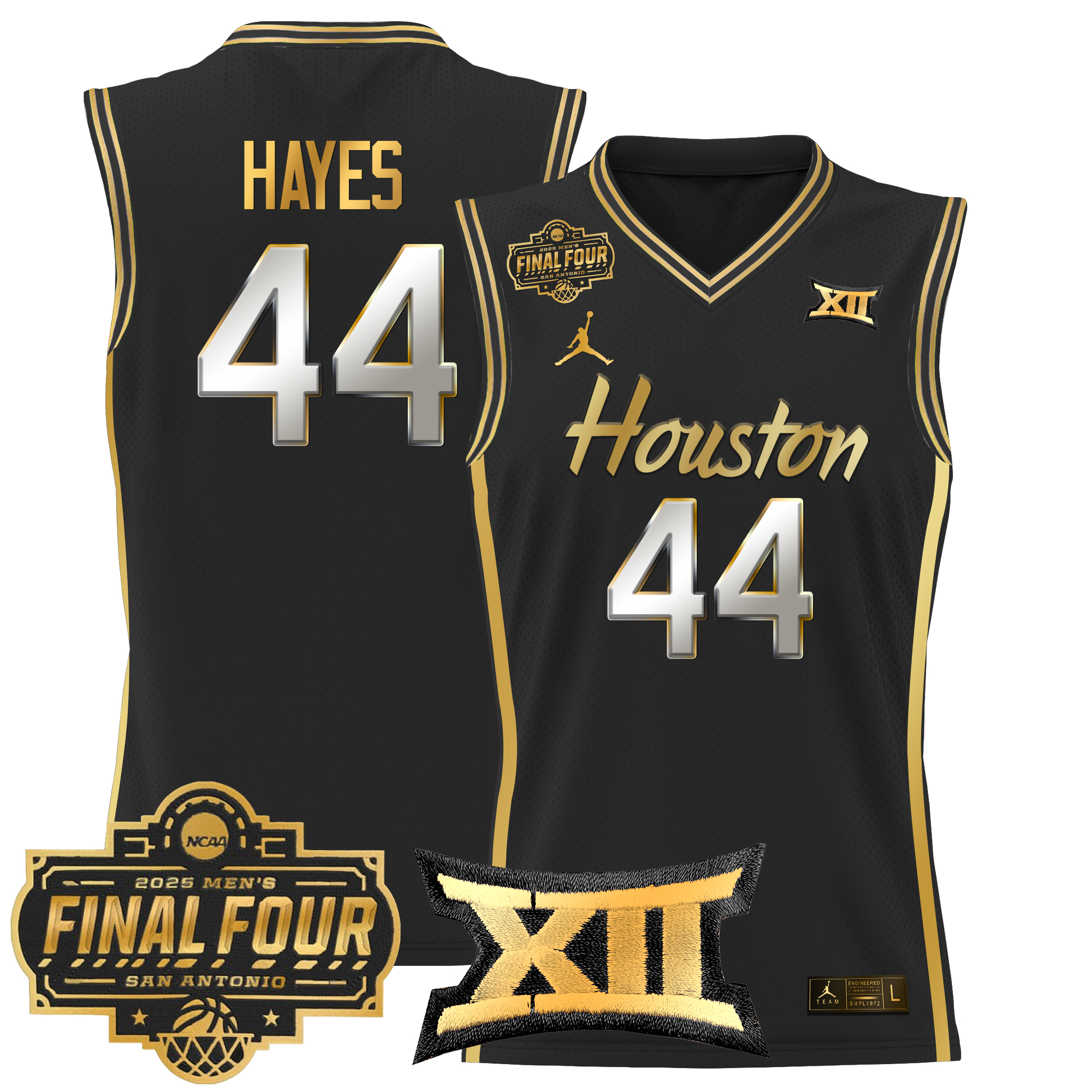 Elvin Hayes Men's Houston Cougars 2025 Final Four Patch Basketball Black Gold Jersey - All Stitched