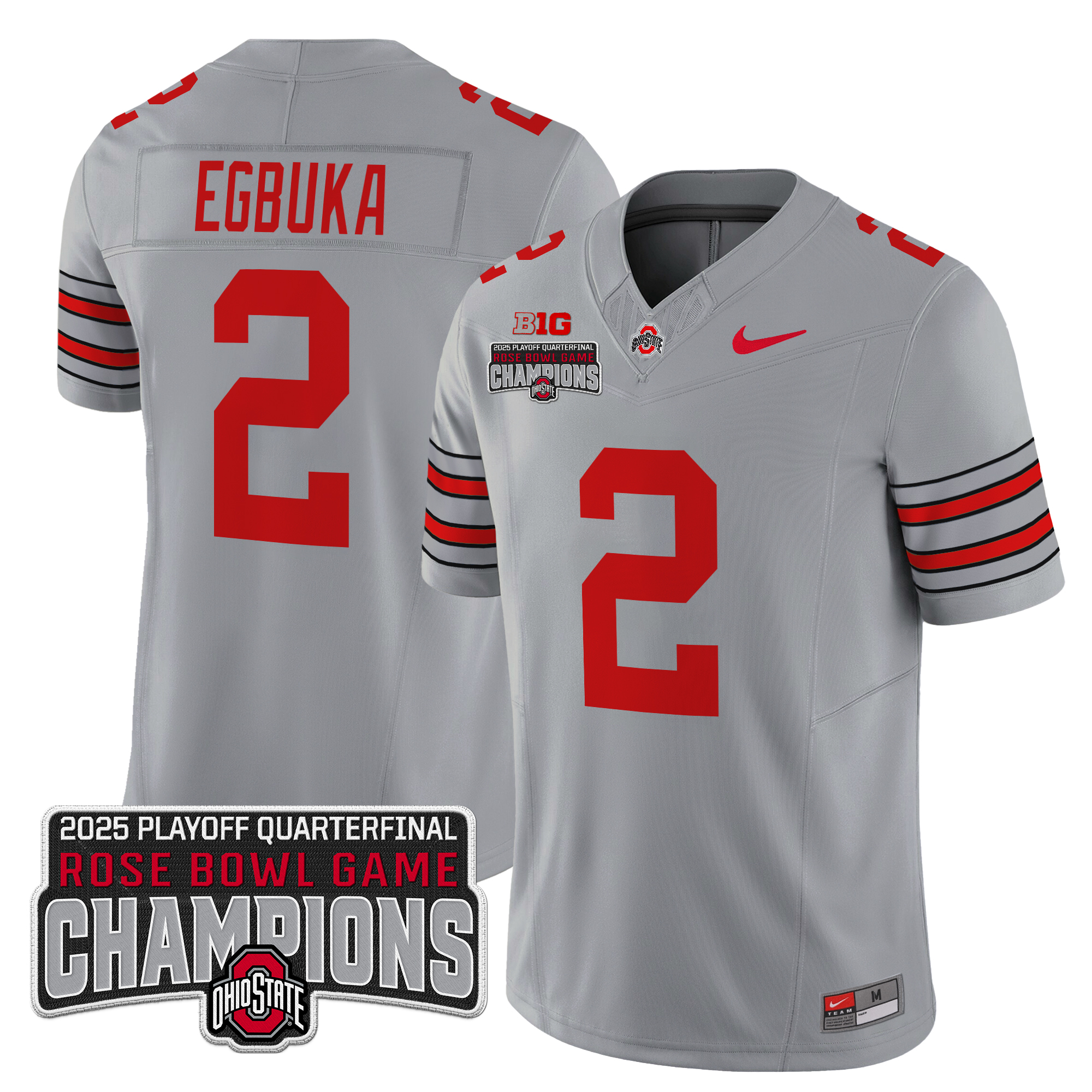 Emeka Egbuka Men's Ohio State Buckeyes Heritage Stripe 2025 Playoff Rose Bowl Champions Patch Vapor Limited Gray Jersey - All Stitched