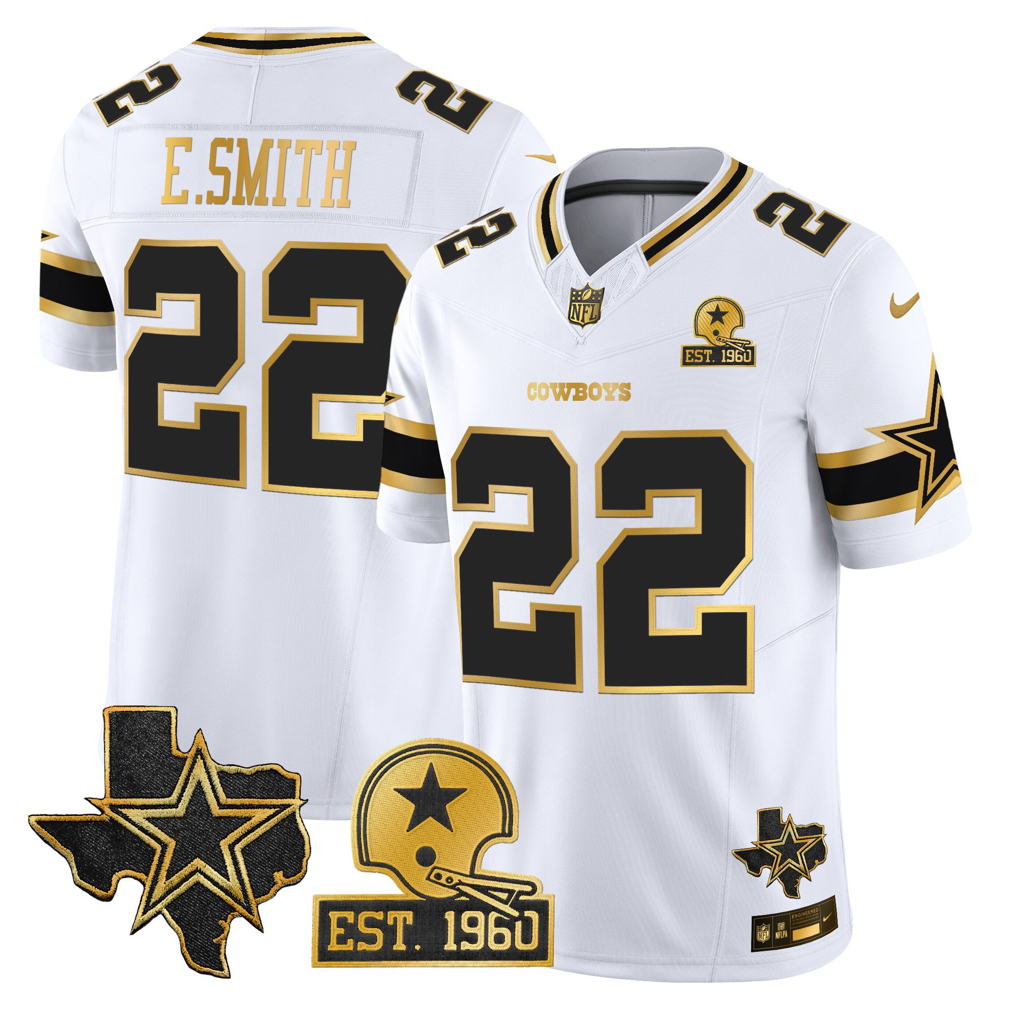 Emmitt Smith Men's Dallas Cowboys Est. 1960 & Texas Patch Gold Vapor Limited White Gold Jersey - All Stitched