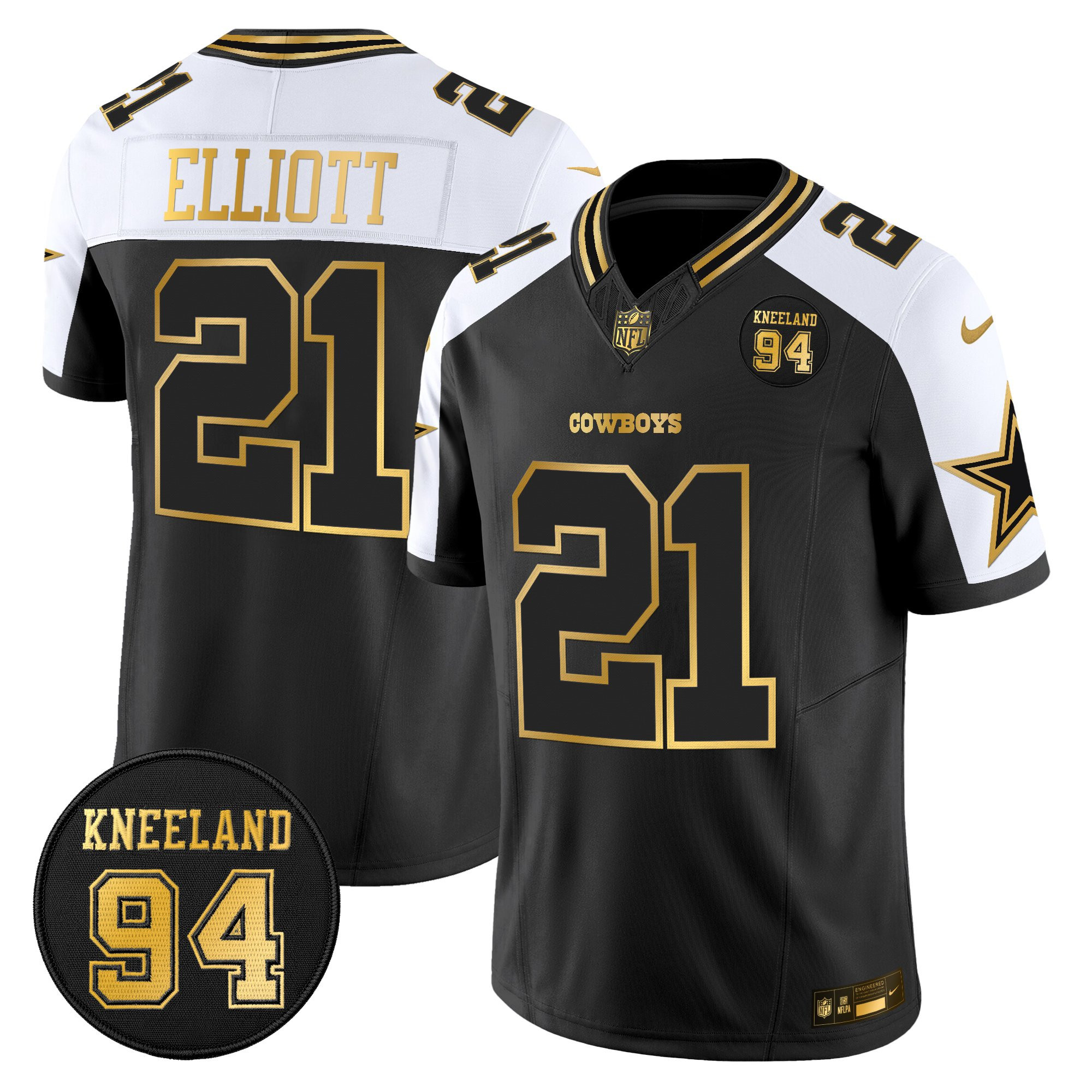 Ezekiel Elliott Men's Dallas Cowboys #94 Marshawn Kneeland Memorial Patch Gold Vapor Limited Alternate Jersey - All Stitched