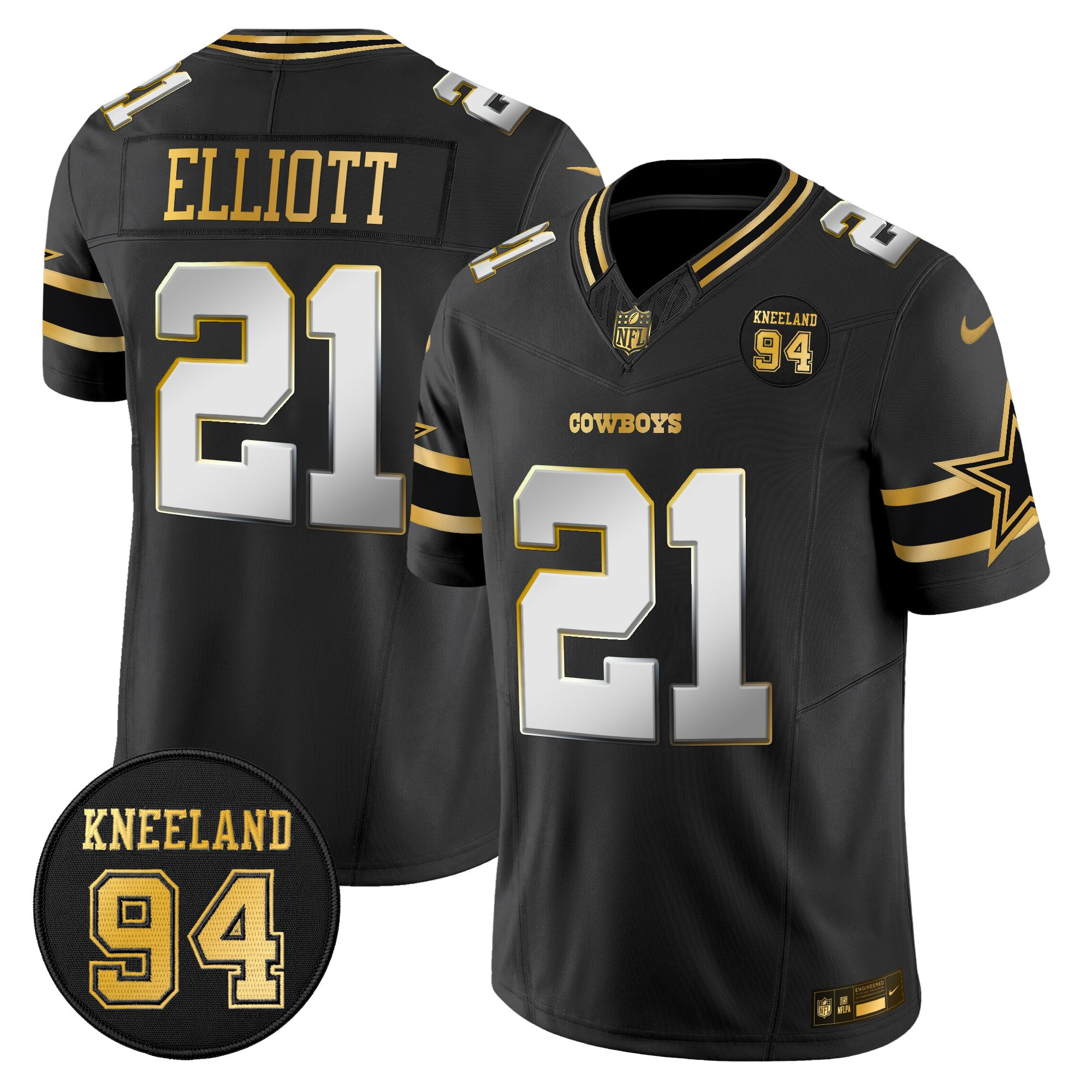 Ezekiel Elliott Men's Dallas Cowboys #94 Marshawn Kneeland Memorial Patch Gold Vapor Limited Black Limited Jersey - All Stitched