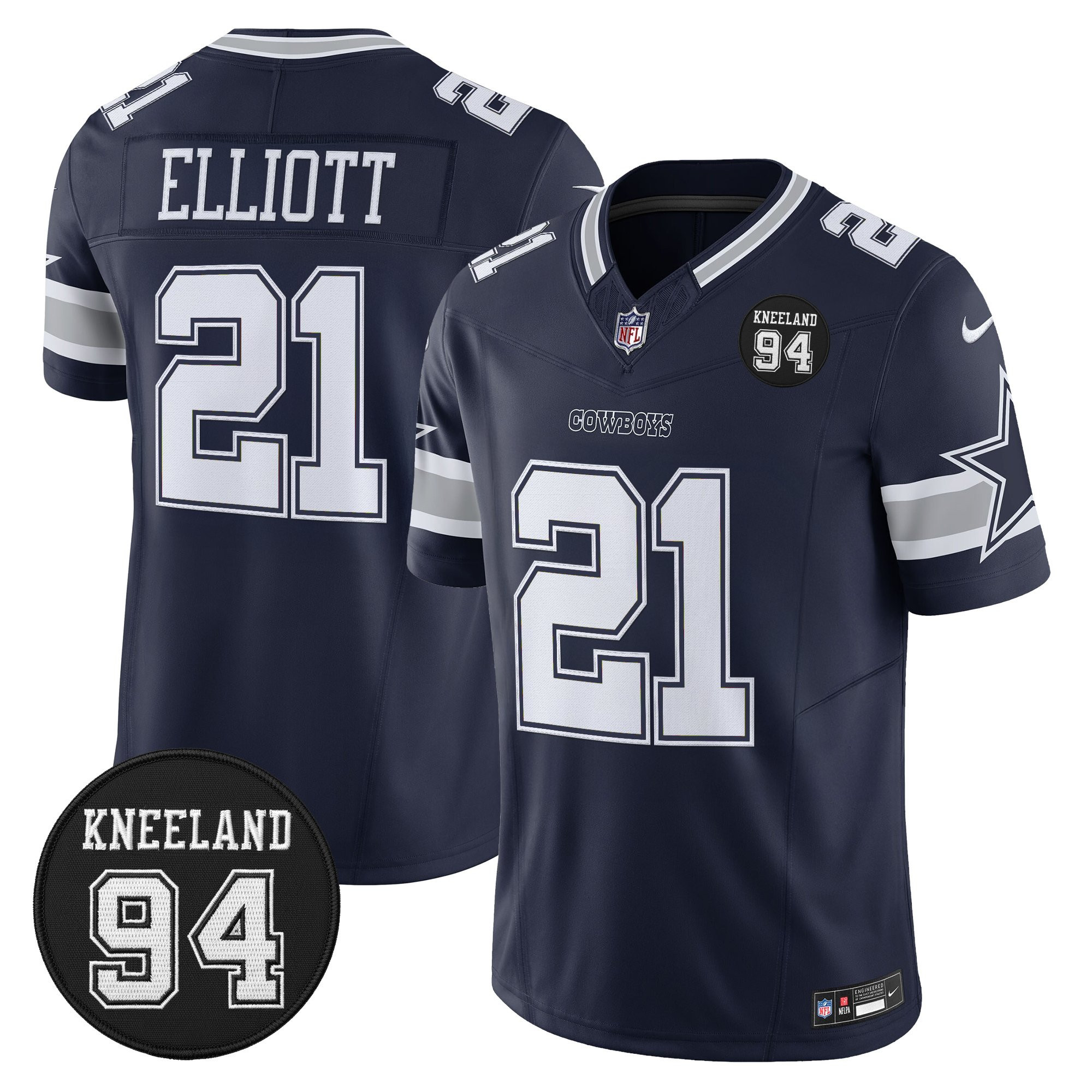 Ezekiel Elliott Men's Dallas Cowboys #94 Marshawn Kneeland Memorial Patch Vapor Limited Navy Jersey - All Stitched