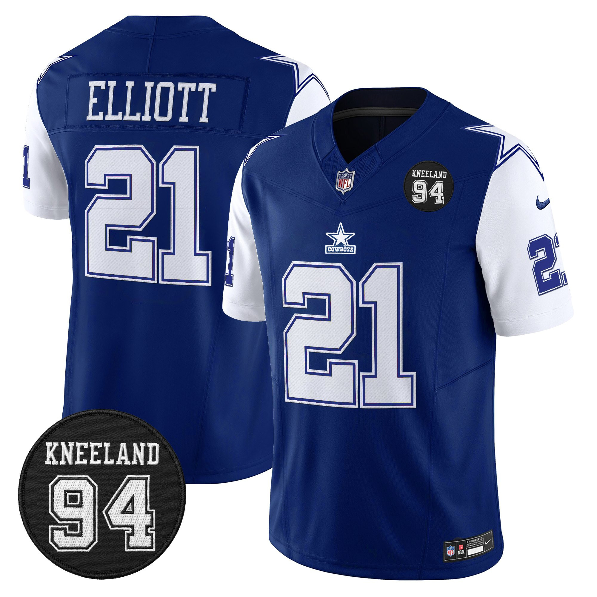 Ezekiel Elliott Men's Dallas Cowboys #94 Marshawn Kneeland Memorial Patch Vapor Limited Throwback Jersey - All Stitched