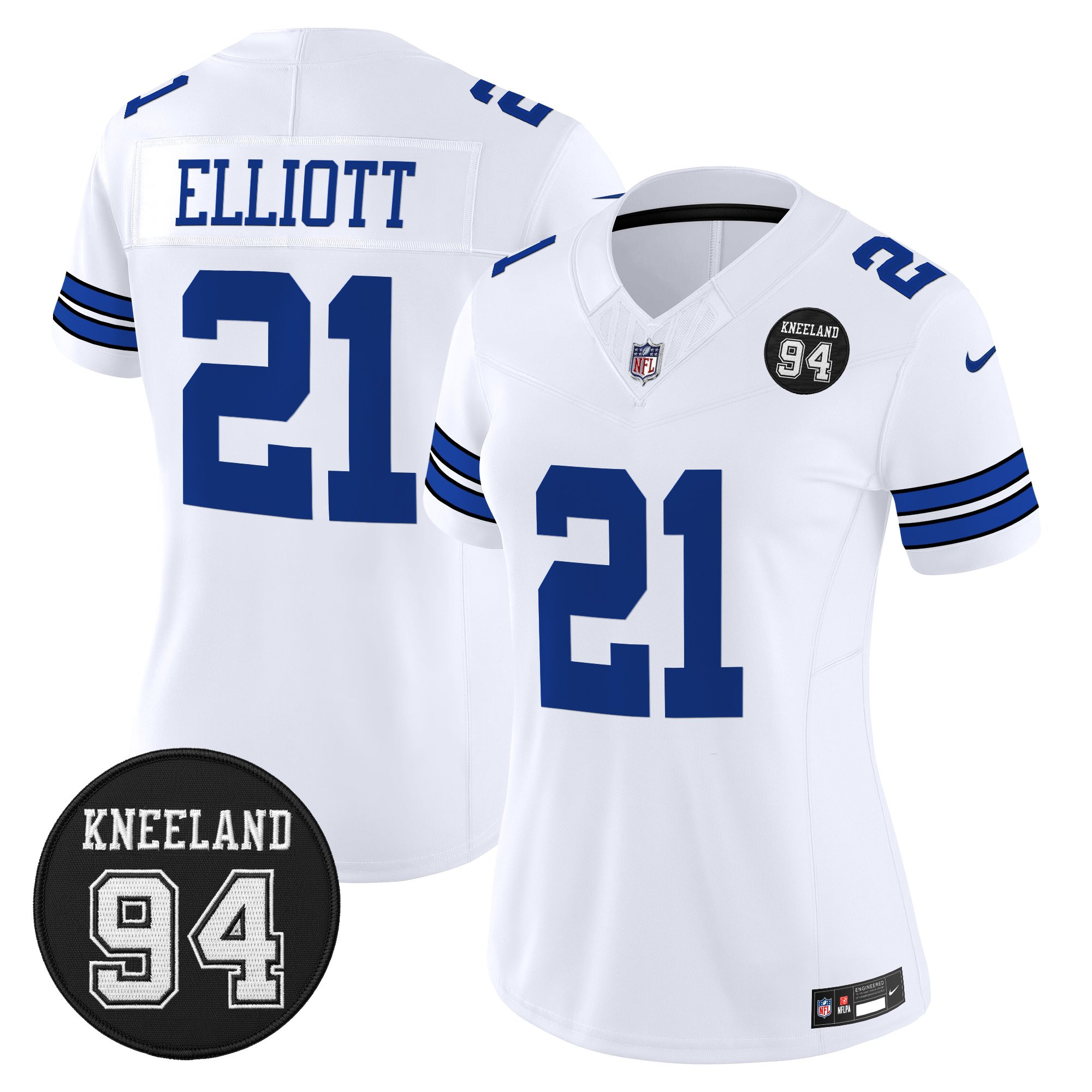 Ezekiel Elliott Women's Dallas Cowboys #94 Marshawn Kneeland Memorial Patch Vapor Limited White Limited Jersey - All Stitched