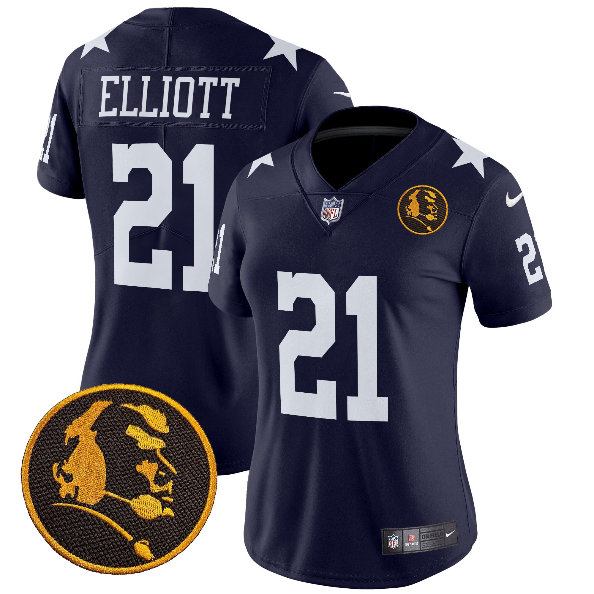 Ezekiel Elliott Women's Dallas Cowboys Texas & John Madden Patch Vapor Limited Navy Jersey V2 - All Stitched
