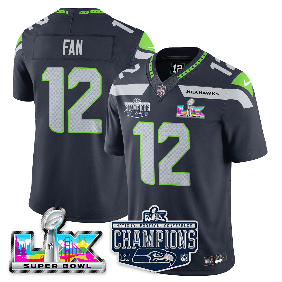 Fan - 12 Seattle Seahawks 2025 NFC Champions Vapor Limited Navy Jersey - All Stitched