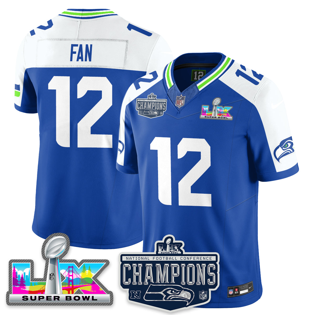 Fan - 12 Seattle Seahawks 2025 NFC Champions Vapor Limited Royal Alternate Jersey - All Stitched