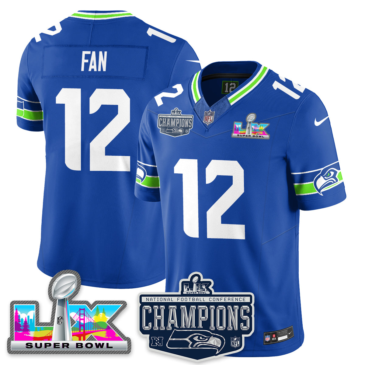 Fan - 12 Seattle Seahawks 2025 NFC Champions Vapor Limited Royal Jersey - All Stitched