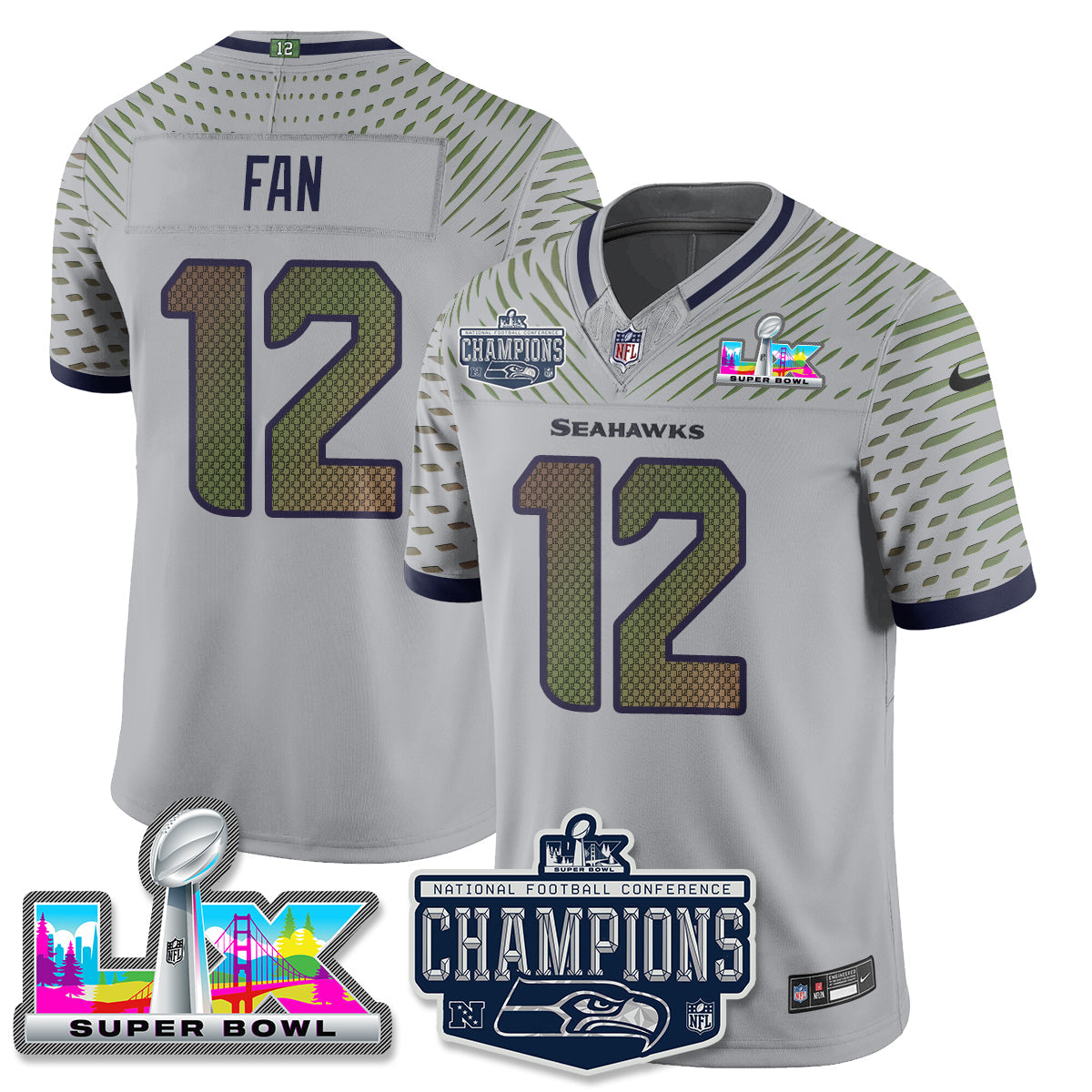 Fan - 12 Seattle Seahawks 2025 NFC Champions Vapor Limited Wolf Gray Jersey - All Stitched