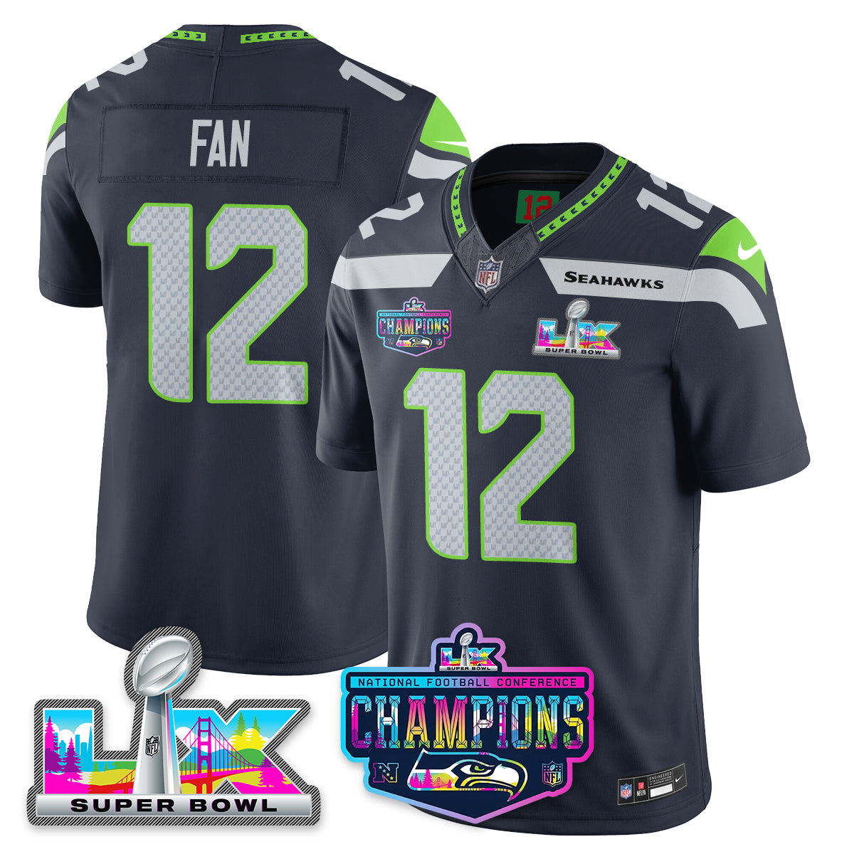 Fan - 12 Seattle Seahawks 2025 Vapor Limited Navy Jersey - NFC Champions Limited Patch - All Stitched