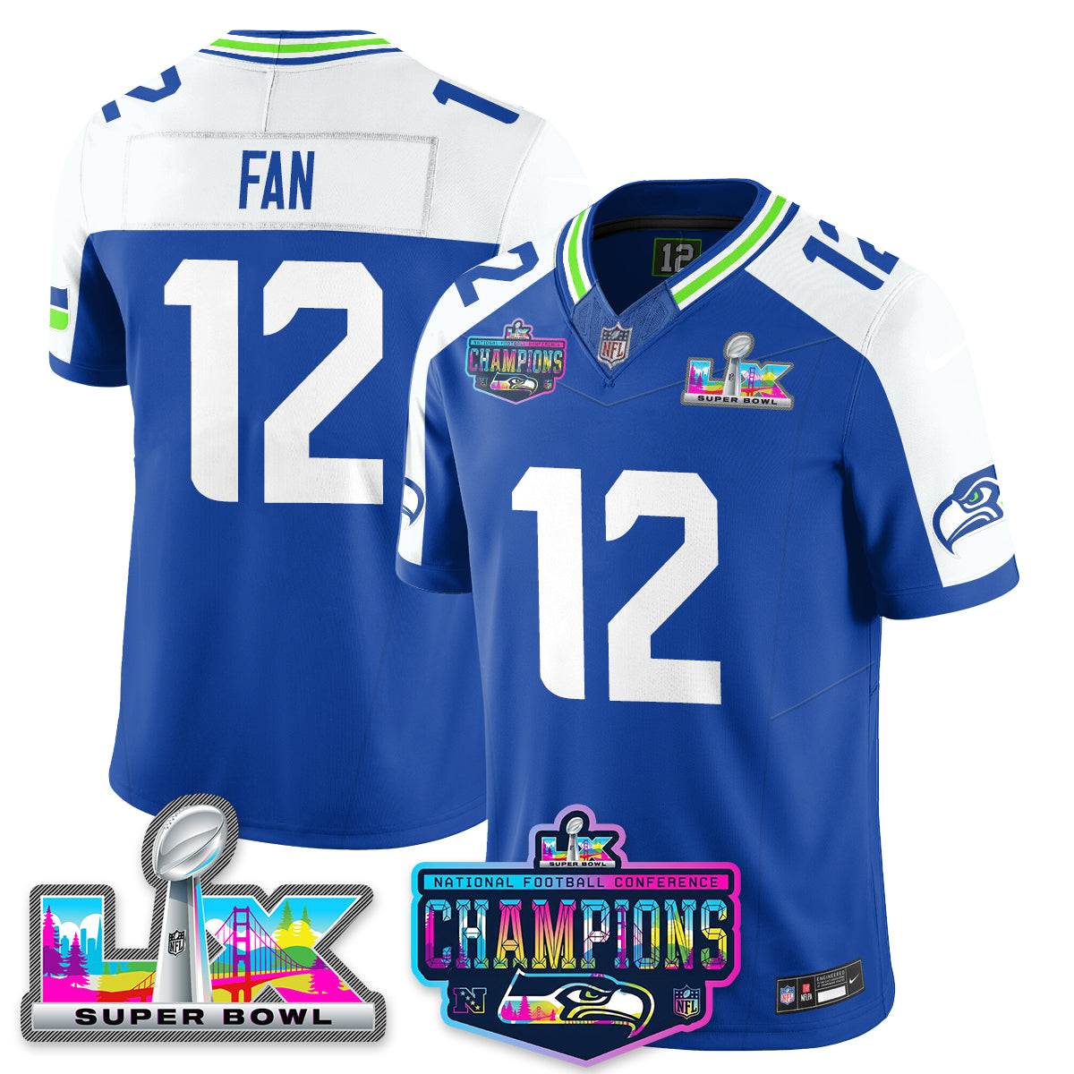Fan - 12 Seattle Seahawks 2025 Vapor Limited Royal Alternate Jersey - NFC Champions Limited Patch - All Stitched