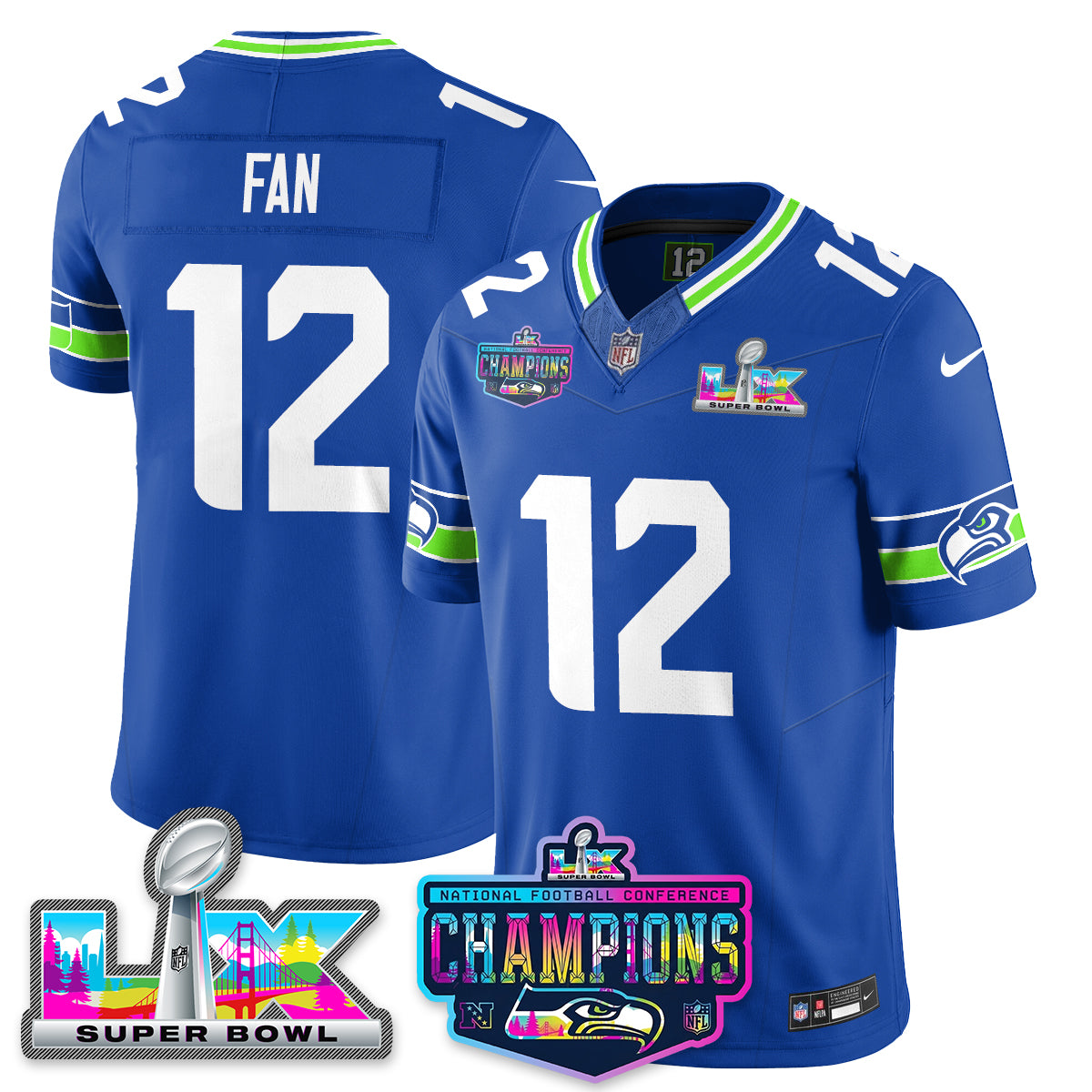 Fan - 12 Seattle Seahawks 2025 Vapor Limited Royal Jersey - NFC Champions Limited Patch - All Stitched