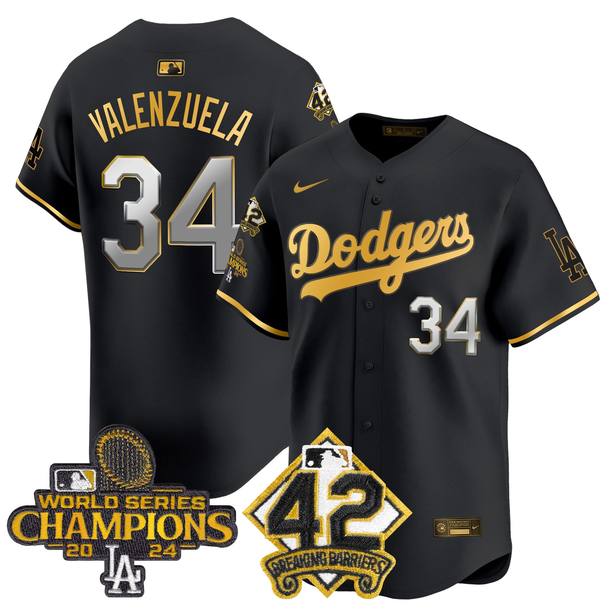 Fernando Valenzuela Men's Los Angeles Dodgers 2024 World Series Champions & Jackie Robinson Patch Vapor Premier Limited Black Gold Jersey - All Stitched
