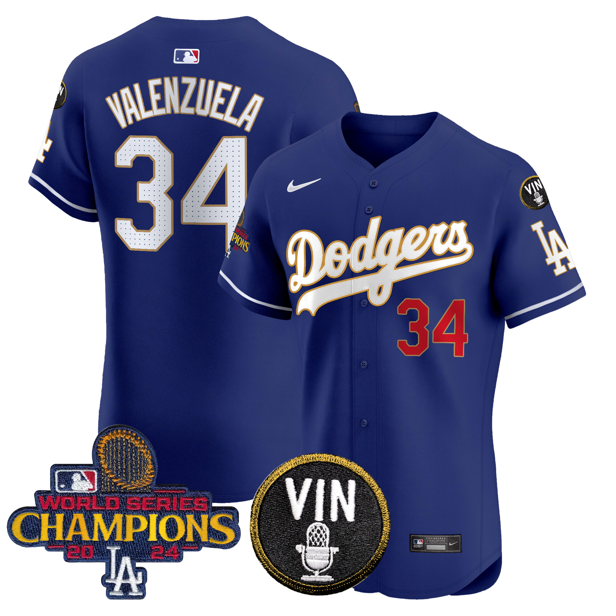 Fernando Valenzuela Men's Los Angeles Dodgers 2024 World Series Champions Gold Trim Vapor Premier Elite Royal Jersey - All Stitched