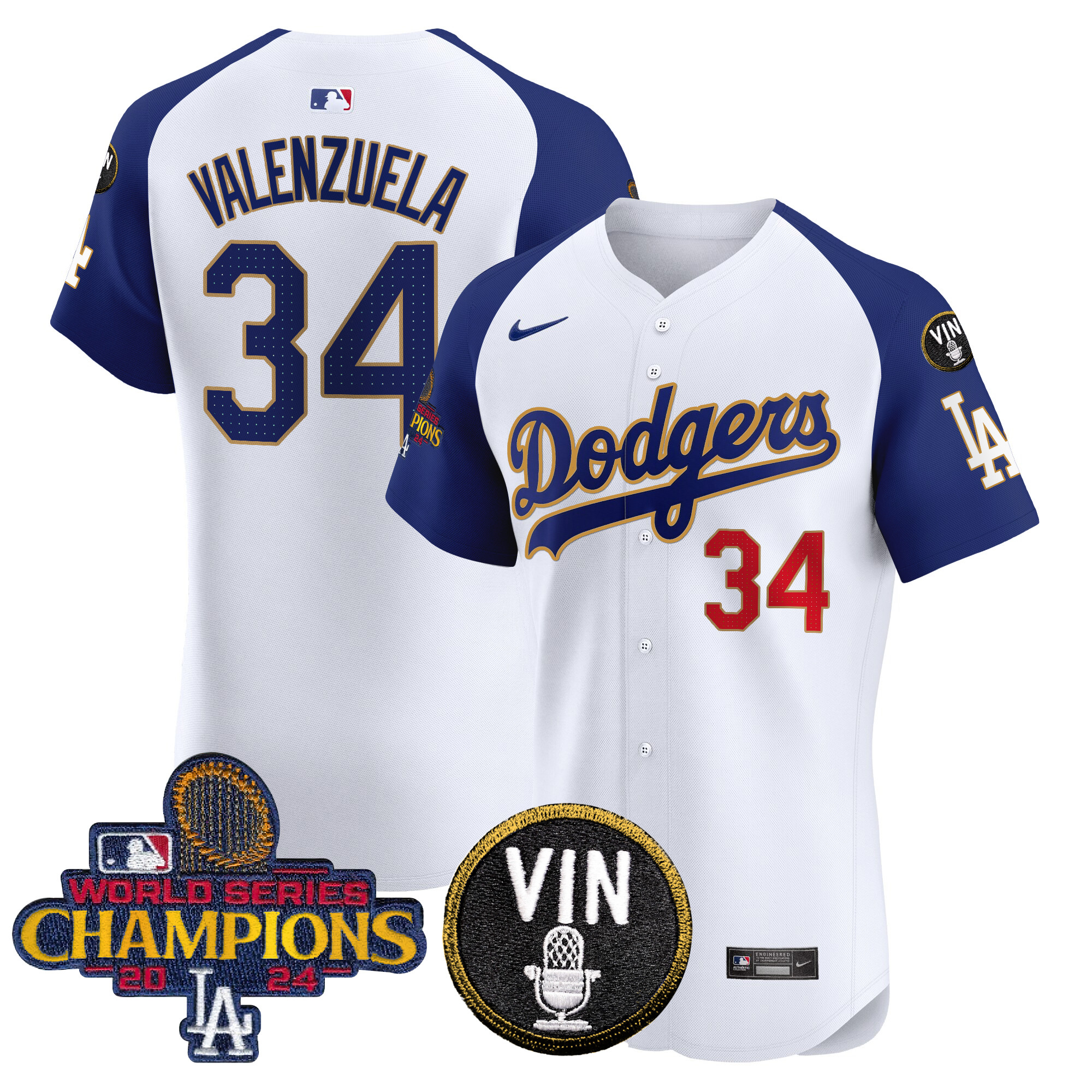 Fernando Valenzuela Men's Los Angeles Dodgers 2024 World Series Champions Gold Trim Vapor Premier Elite White Alternate Jersey - All Stitched