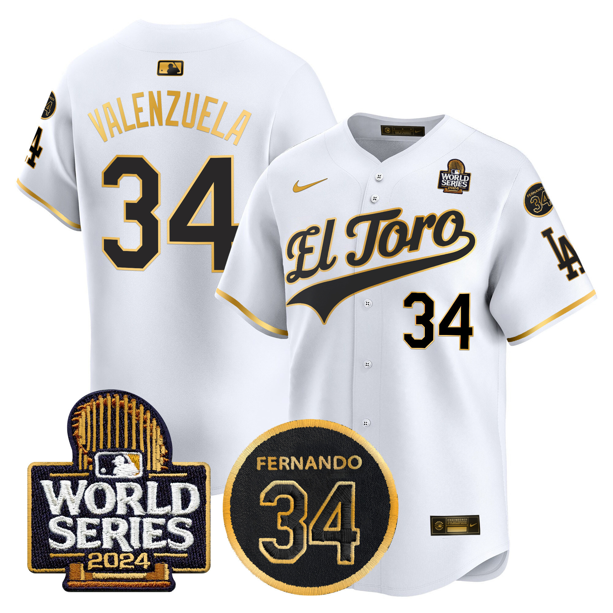 Fernando Valenzuela Men's Los Angeles Dodgers El Toro 2024 World Series Patch Vapor Premier Limited White Gold Jersey - All Stitched