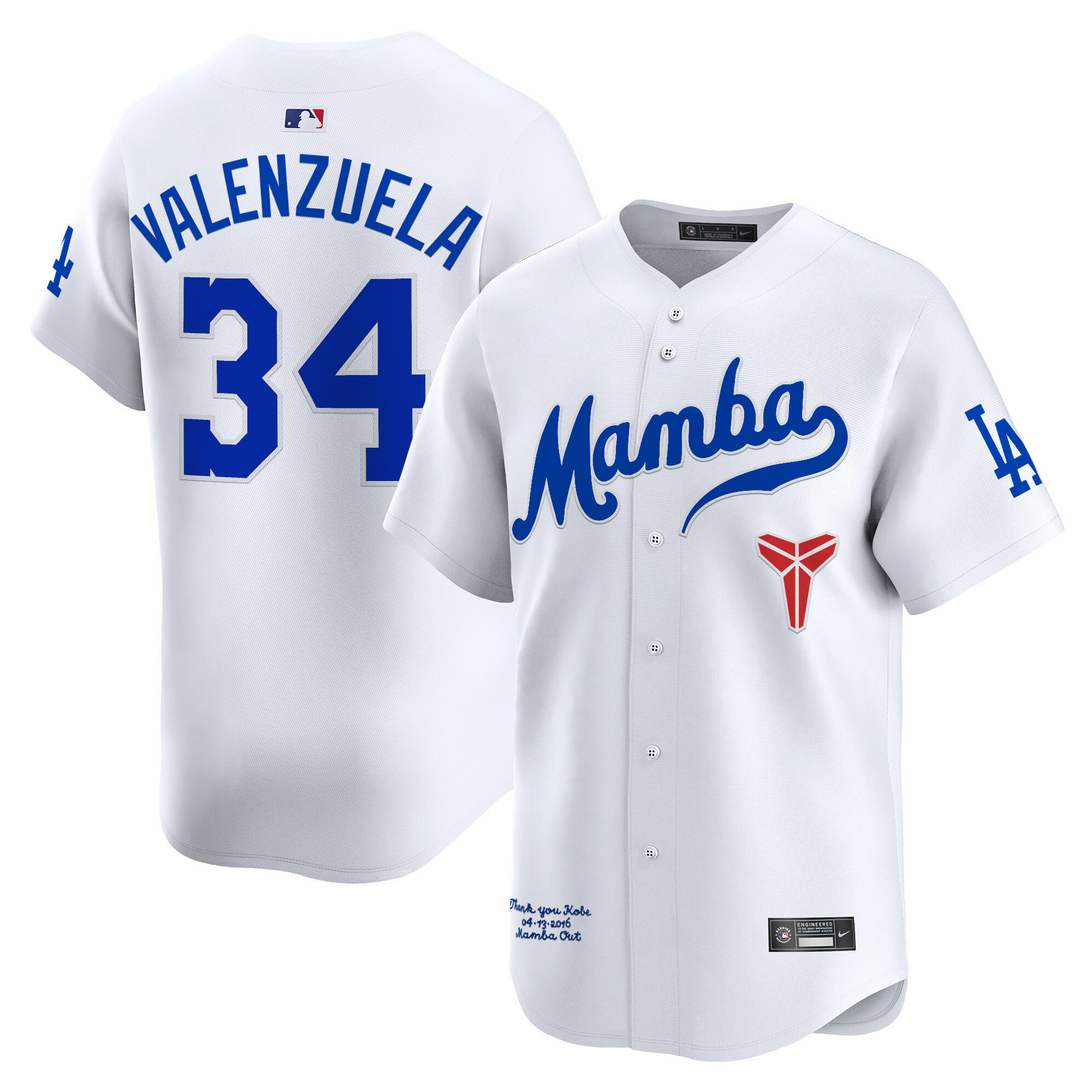 Fernando Valenzuela Men's Los Angeles Dodgers Kobe Bryant Mamba Vapor Premier Limited White Jersey - All Stitched