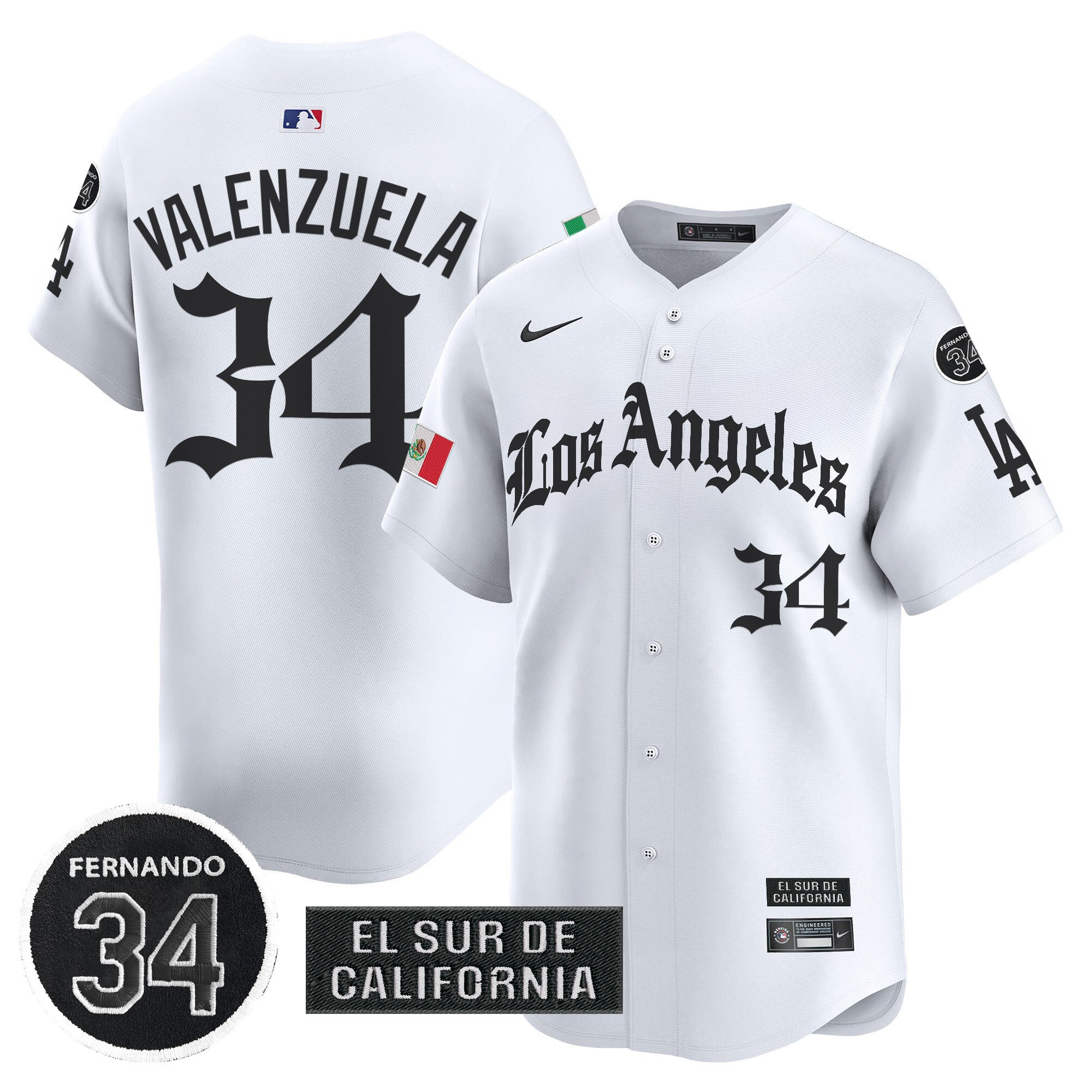 Fernando Valenzuela Men's Los Angeles Dodgers Mexico 2025 LA Gothic Style Vapor Premier Limited White Jersey - All Stitched