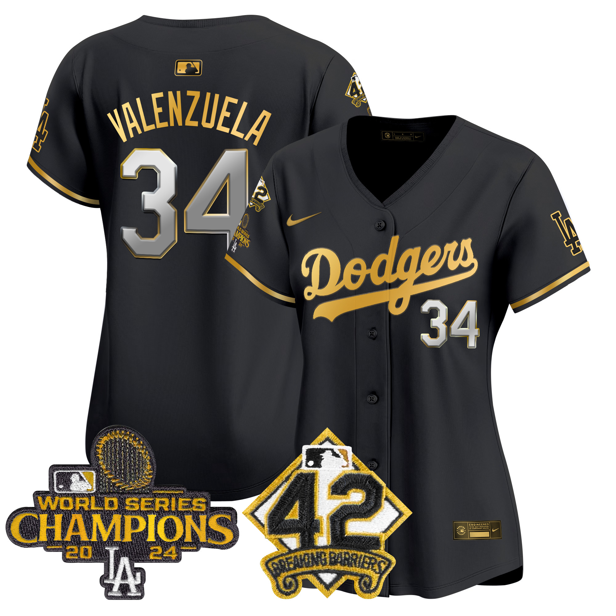 Fernando Valenzuela Women's Los Angeles Dodgers 2024 World Series Champions & Jackie Robinson Patch Vapor Premier Limited Black Gold Jersey - All Stitched