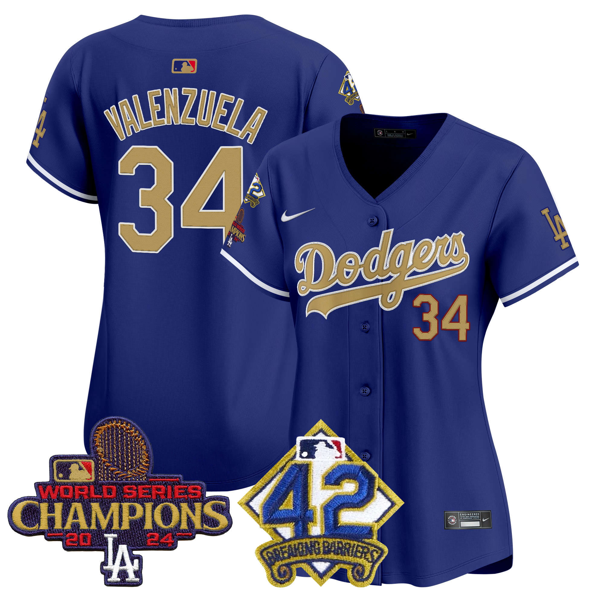 Fernando Valenzuela Women's Los Angeles Dodgers 2024 World Series Champions & Jackie Robinson Patch Vapor Premier Limited Royal Jersey - All Stitched