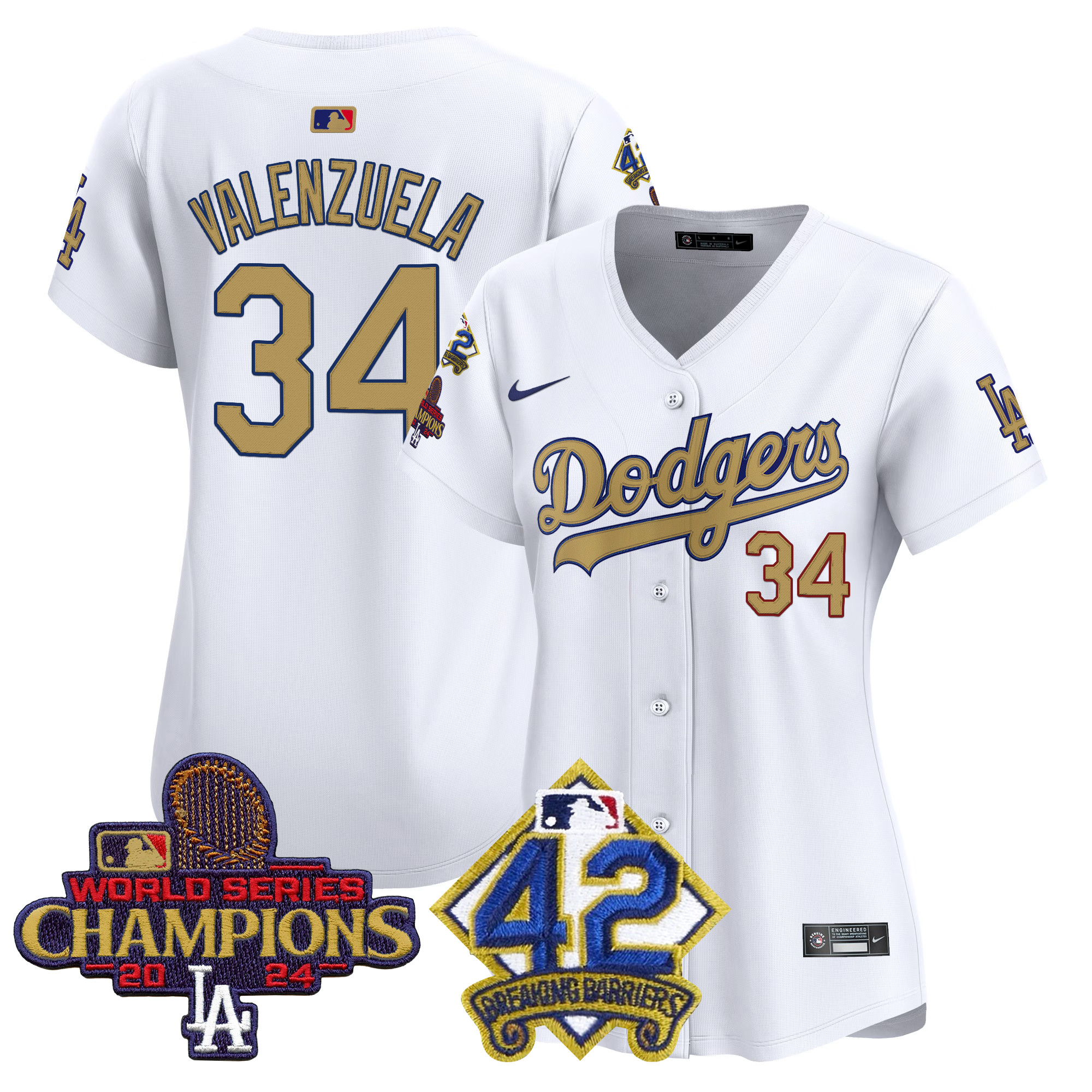 Fernando Valenzuela Women's Los Angeles Dodgers 2024 World Series Champions & Jackie Robinson Patch Vapor Premier Limited White Jersey - All Stitched