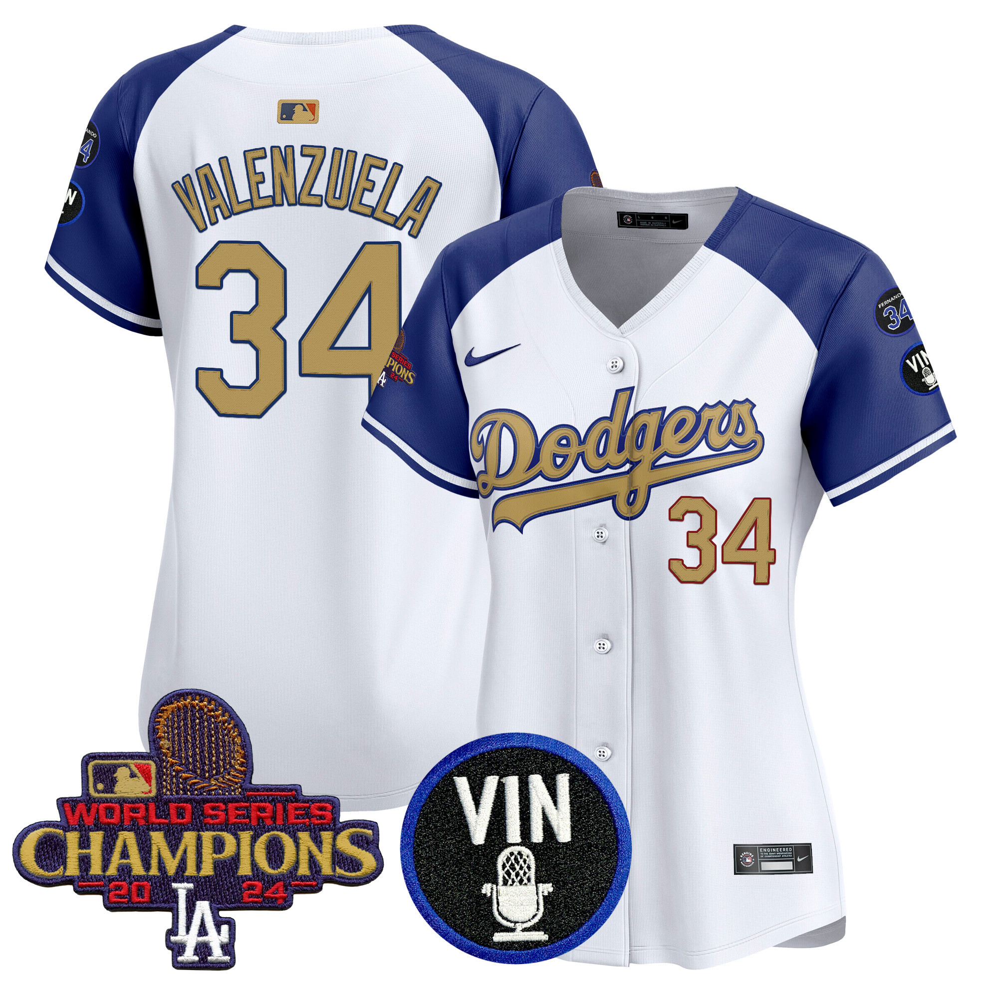 Fernando Valenzuela Women's Los Angeles Dodgers 2025 Vin Scully & #34 Fernando Patch Gold Vapor Premier Limited Alternate Jersey - All Stitched