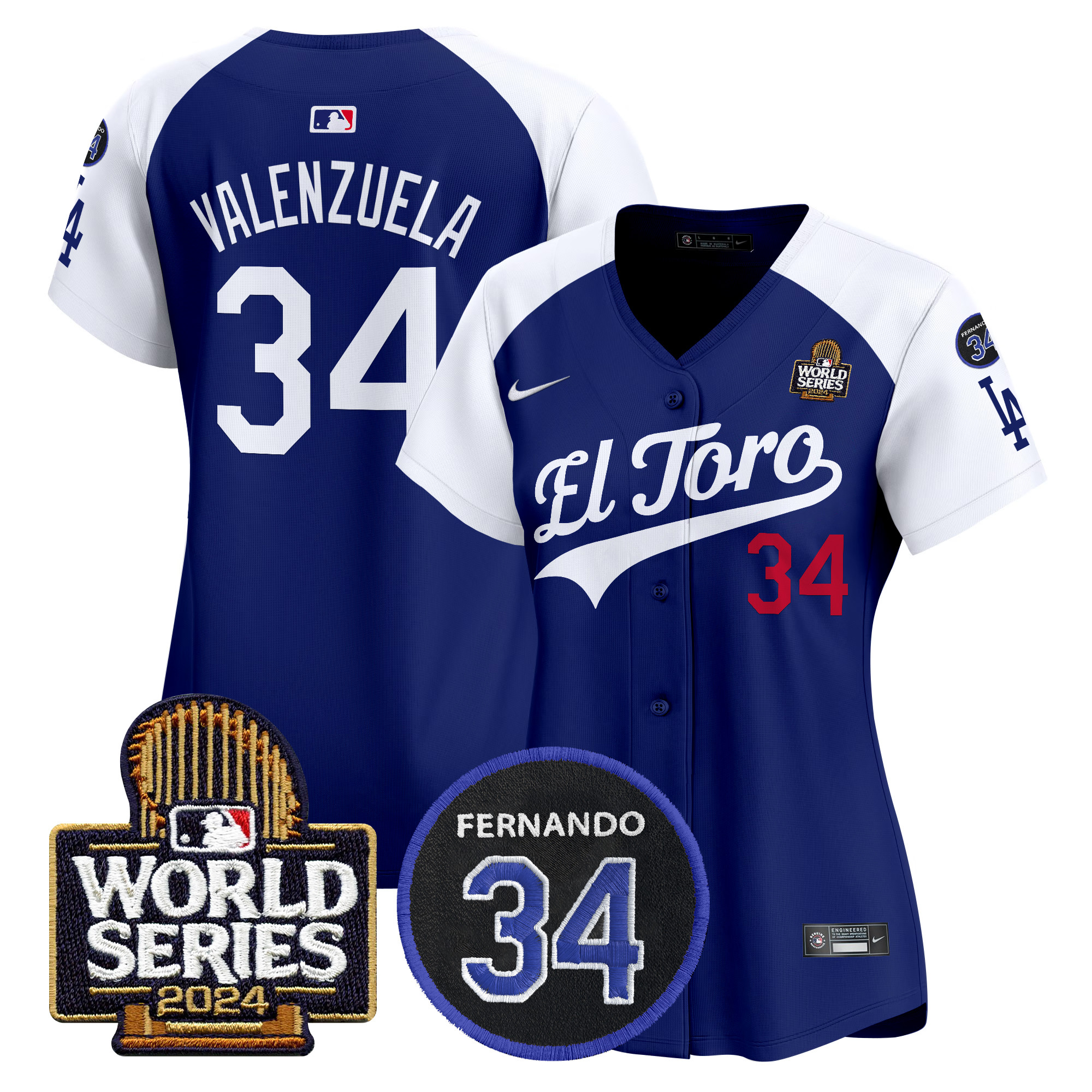 Fernando Valenzuela Women's Los Angeles Dodgers El Toro 2024 World Series Patch Vapor Premier Limited Alternate Royal Jersey - All Stitched