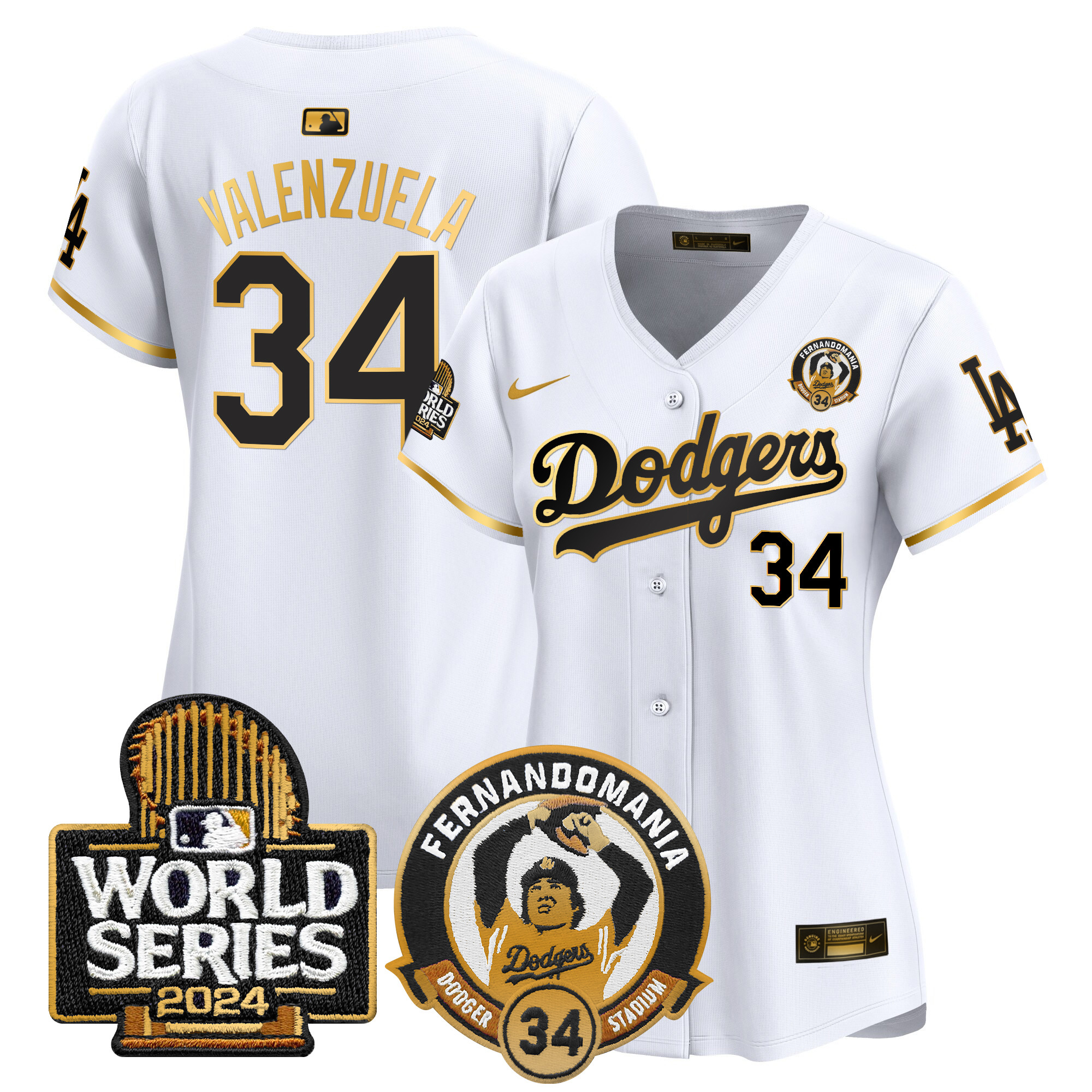 Fernando Valenzuela Women's Los Angeles Dodgers Fernando Valenzuela & 2024 World Series Patch Vapor Premier Limited White Gold Jersey - All Stitched
