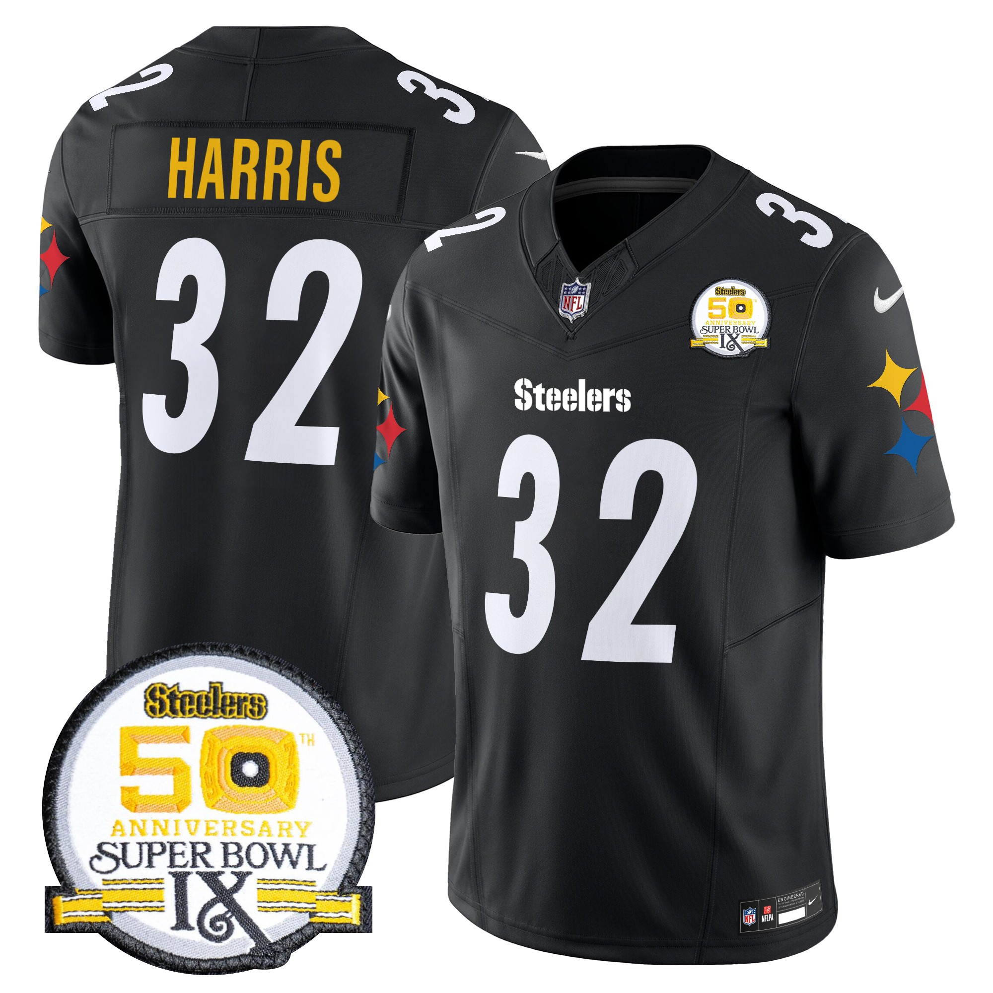 Franco Harris Men's Pittsburgh Steelers 50th Anniversary Of Super Bowl IX Patch Vapor Limited Black Jersey V2 - All Stitched