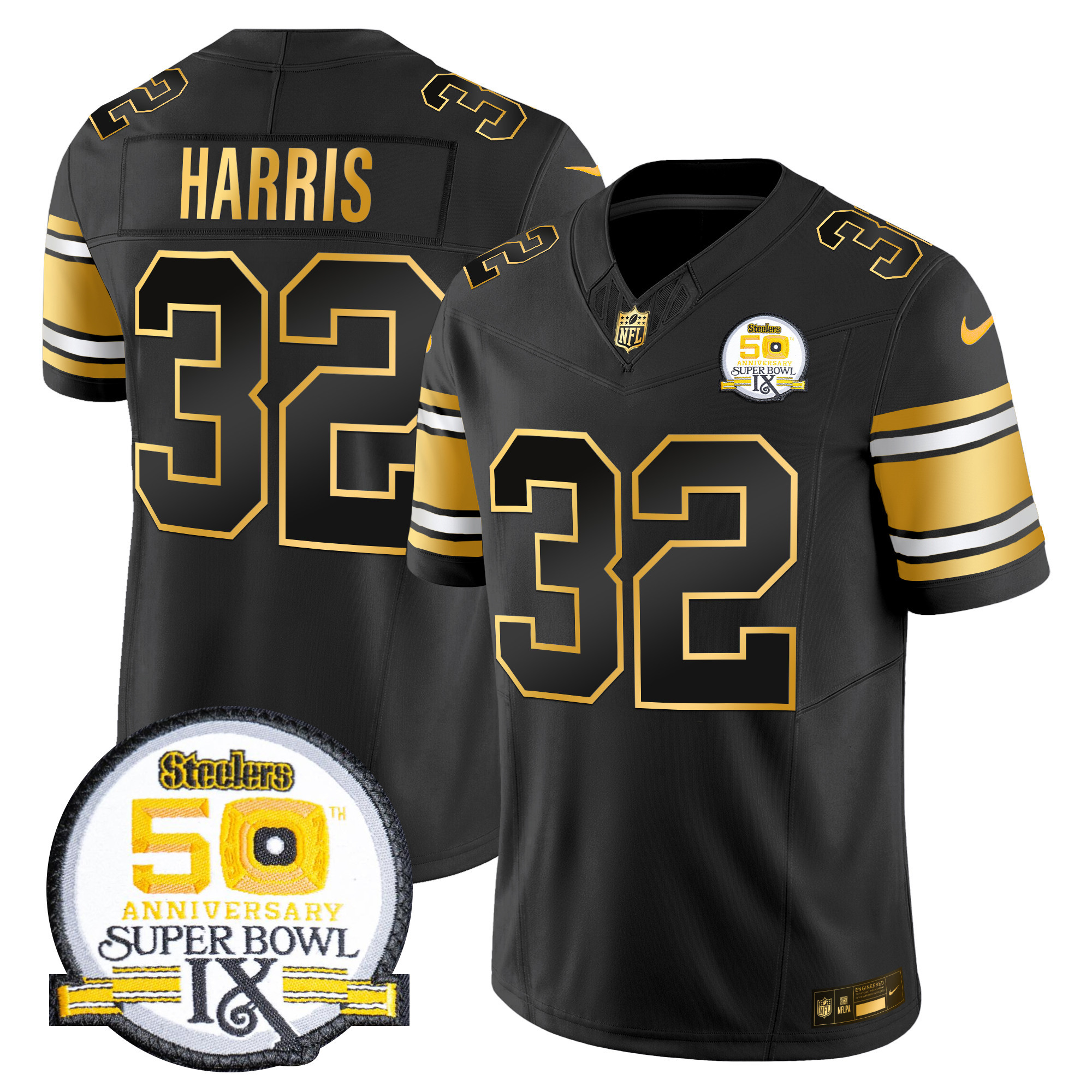 Franco Harris Men's Pittsburgh Steelers 50th Anniversary of Super Bowl IX Patch Gold Vapor Limited Black Gold Jersey - All Stitched