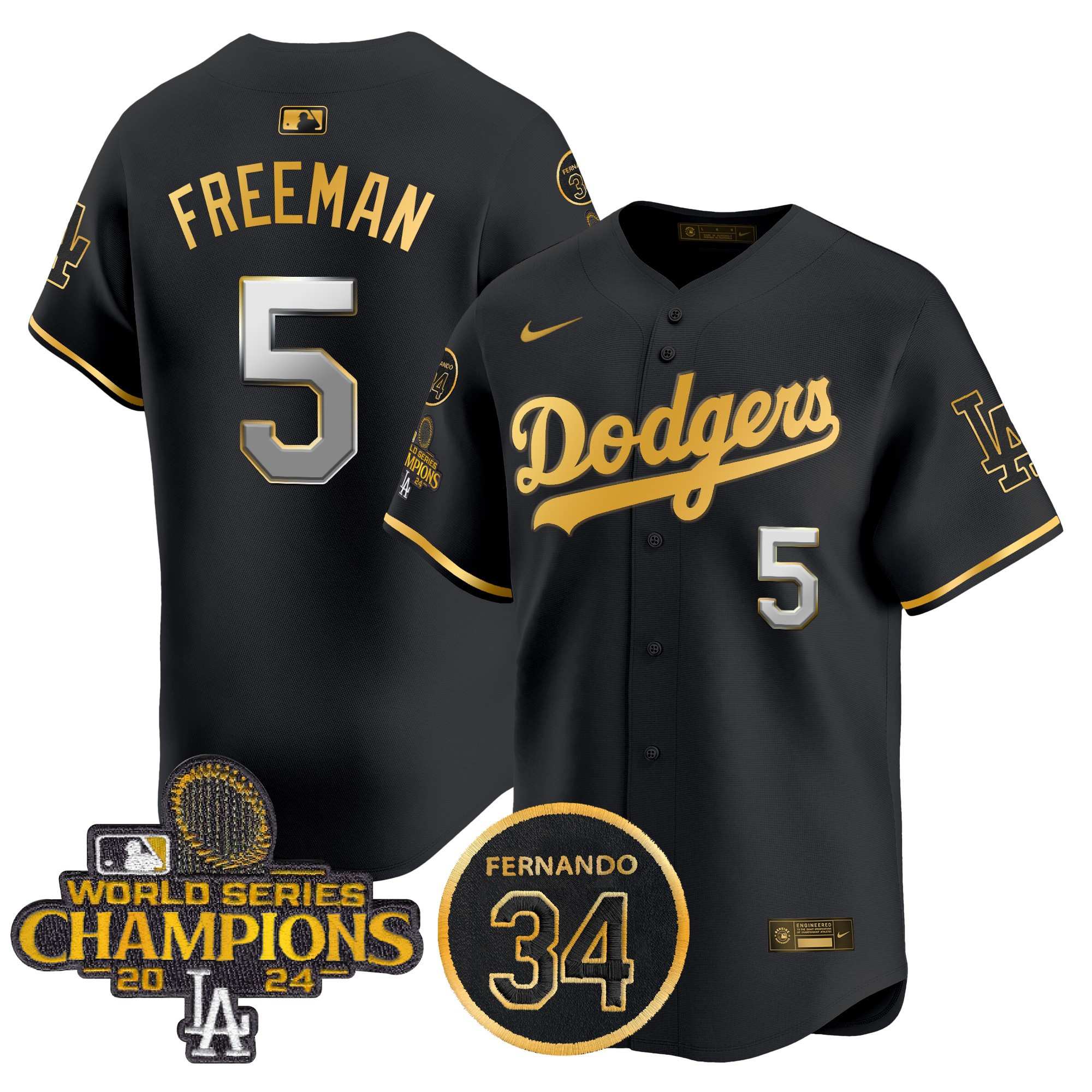Freddie Freeman Men's Los Angeles Dodgers 2025 #34 Fernando Patch Gold Vapor Premier Limited Black Gold Jersey - All Stitched