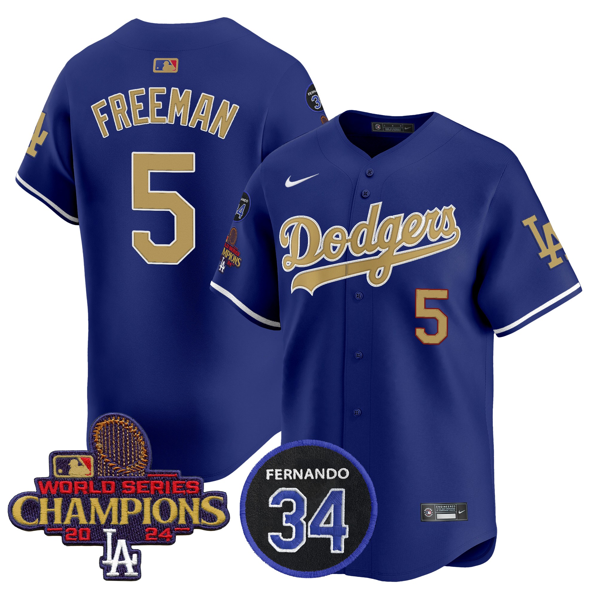 Freddie Freeman Men's Los Angeles Dodgers 2025 #34 Fernando Patch Gold Vapor Premier Limited Royal Jersey - All Stitched