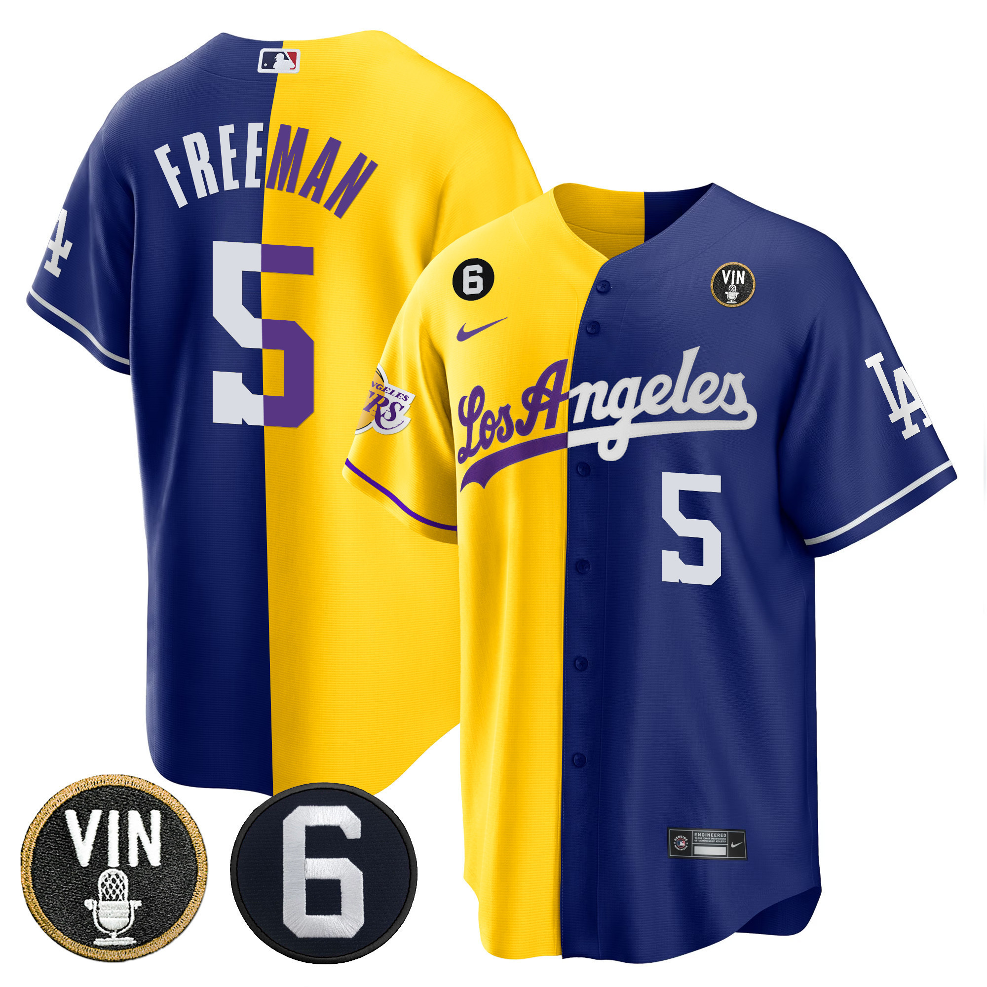 Freddie Freeman Men's Split Dodgers - Los Angeles Lakers Cool Base Gold Royal Jersey - All Stitched