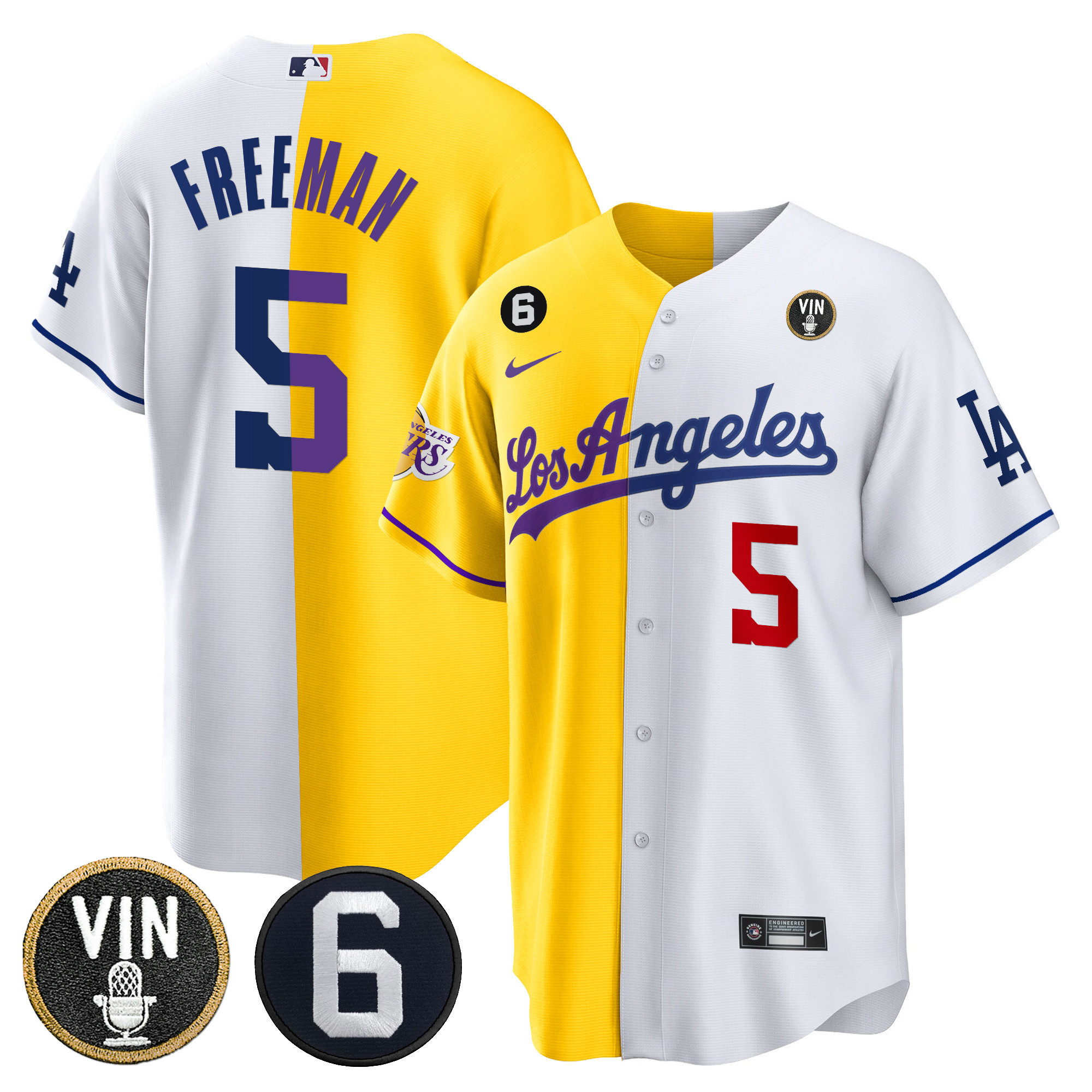 Freddie Freeman Men's Split Dodgers - Los Angeles Lakers Cool Base Gold White Jersey - All Stitched