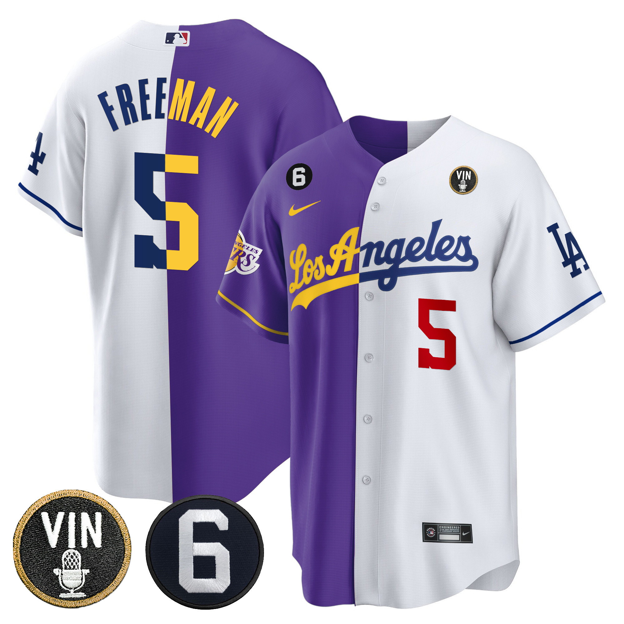 Freddie Freeman Men's Split Dodgers - Los Angeles Lakers Cool Base Purple White Jersey - All Stitched