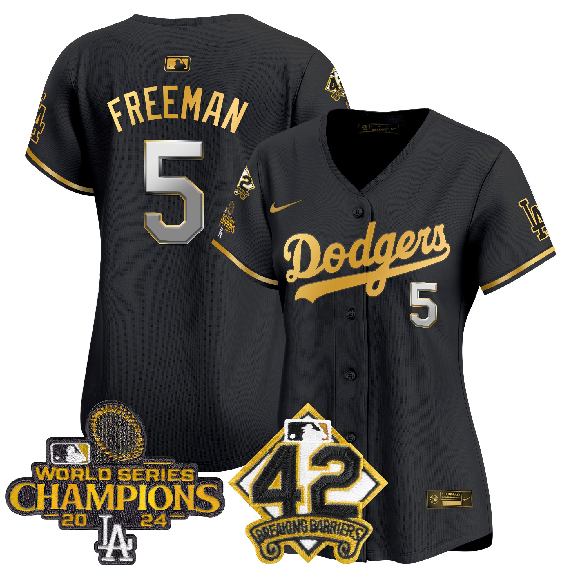Freddie Freeman Women's Los Angeles Dodgers 2024 World Series Champions & Jackie Robinson Patch Vapor Premier Limited Black Gold Jersey - All Stitched