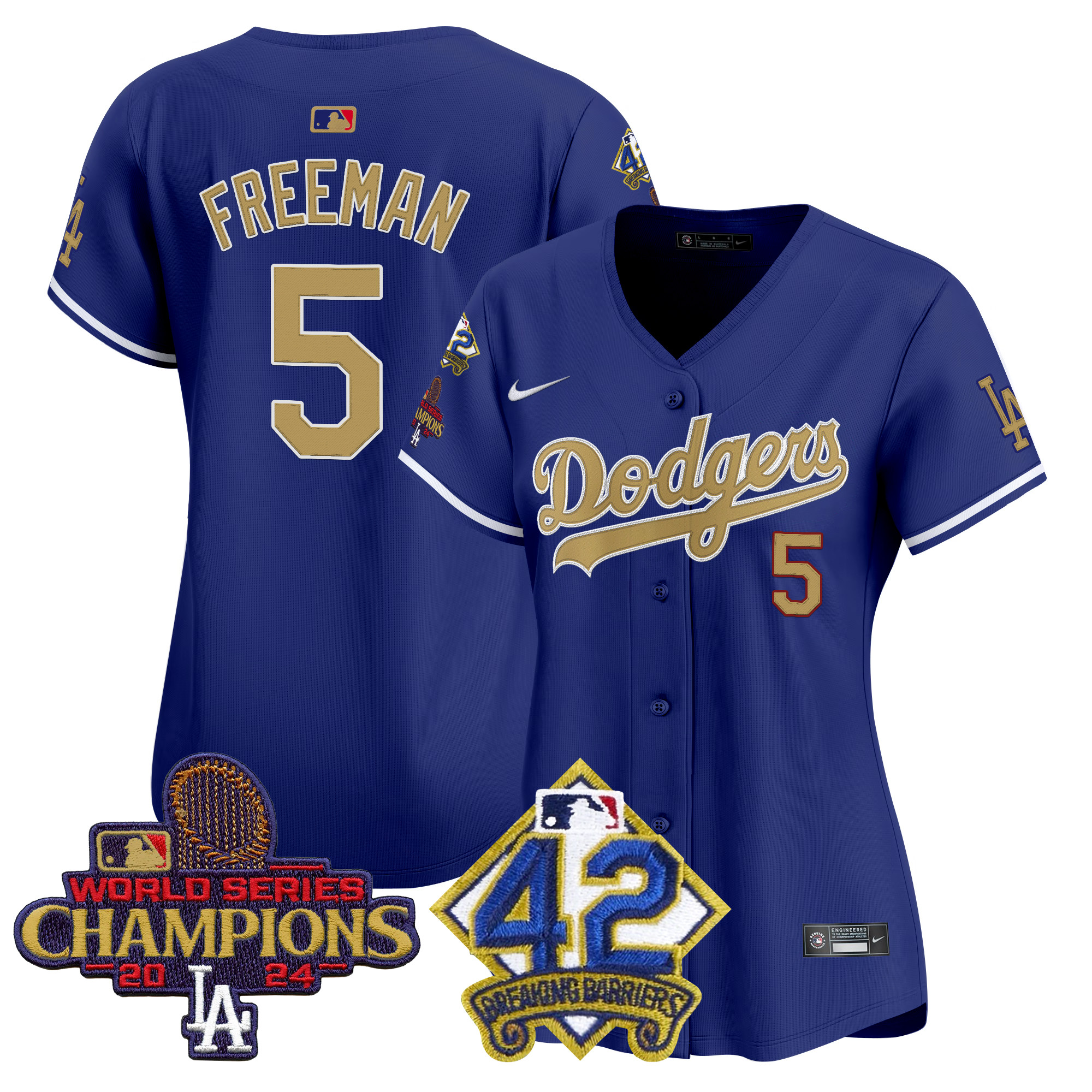Freddie Freeman Women's Los Angeles Dodgers 2024 World Series Champions & Jackie Robinson Patch Vapor Premier Limited Royal Jersey - All Stitched