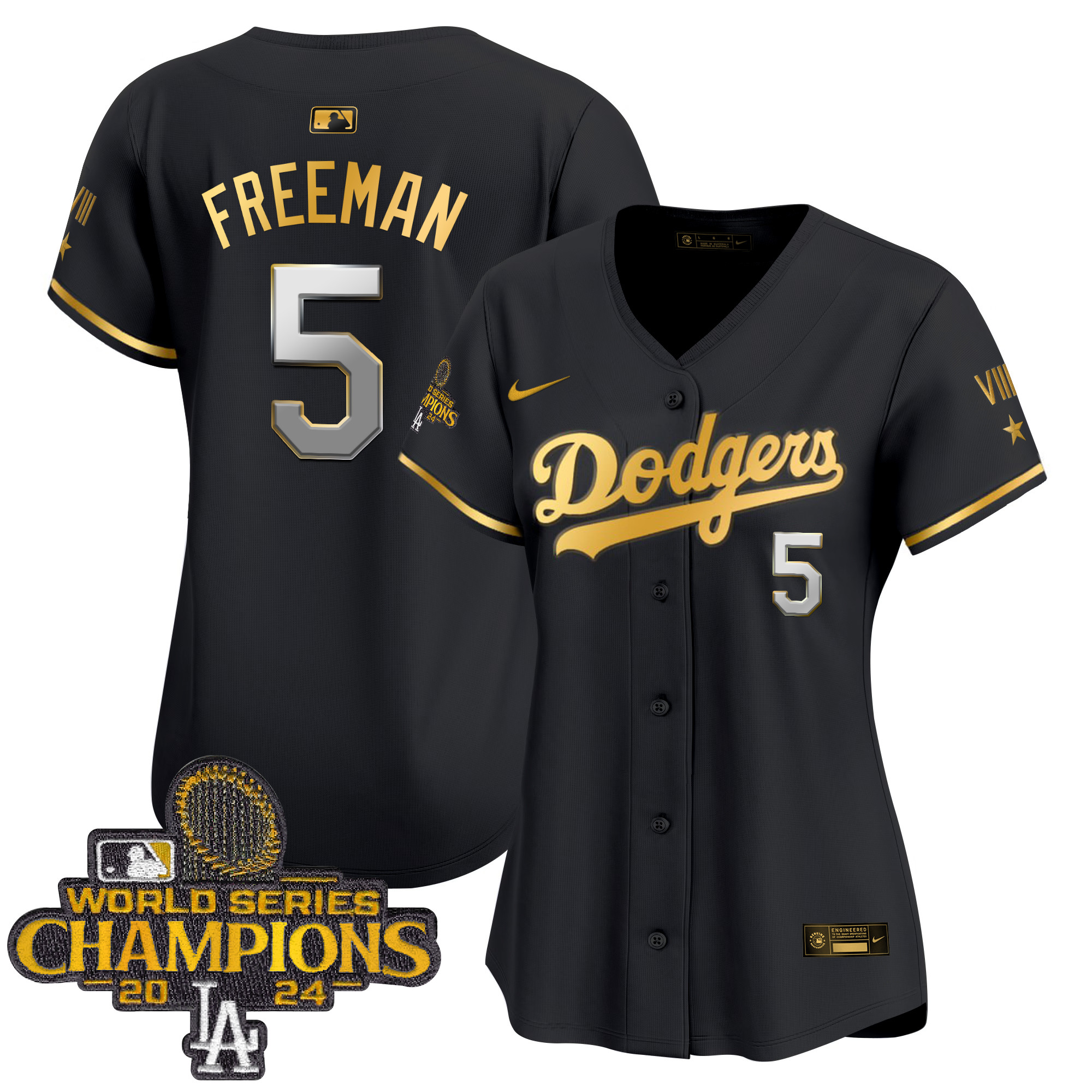 Freddie Freeman Women's Los Angeles Dodgers 2024 World Series Champions Gold Trim Vapor Premier Limited Black Gold Jersey - All Stitched