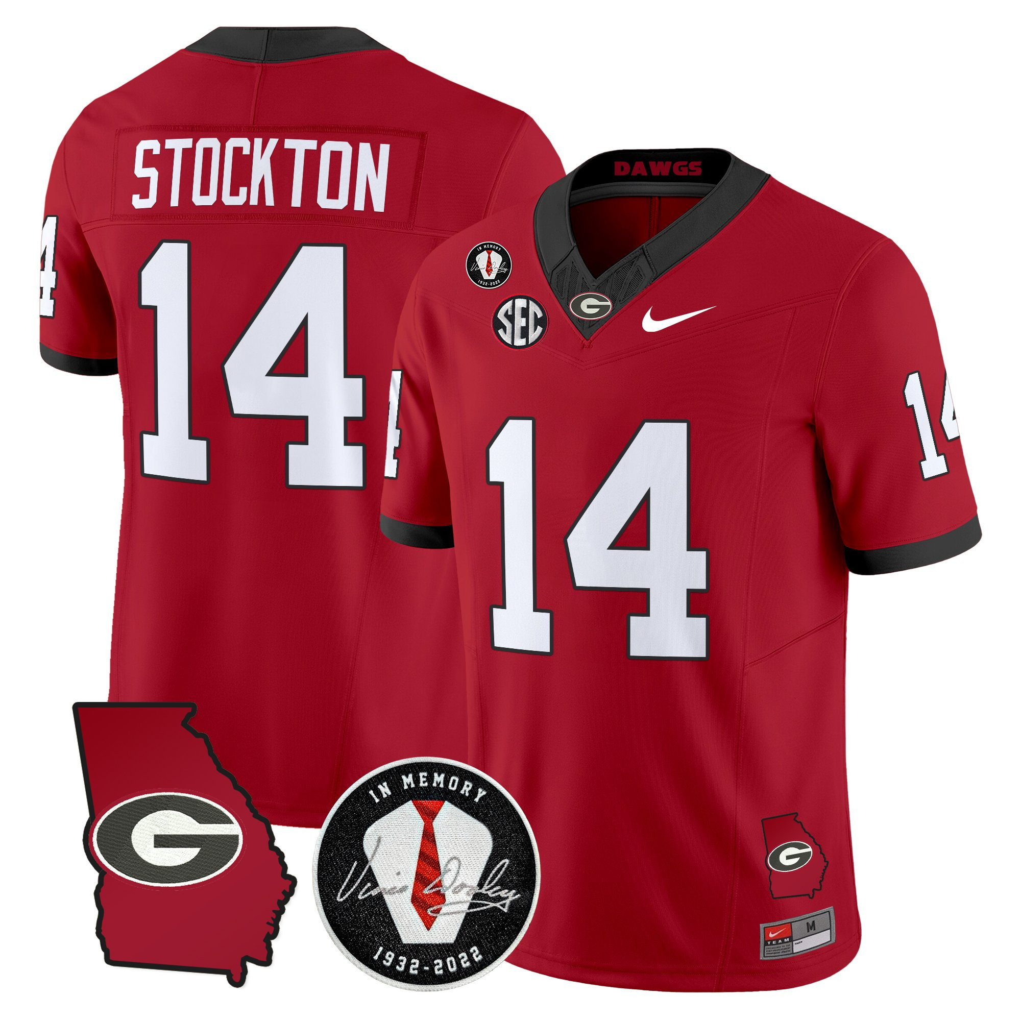 Gunner Stockton Men's Georgia Bulldogs 2025 Georgia Map & Vince Dooley Patch Vapor Limited Red Jersey - All Stitched