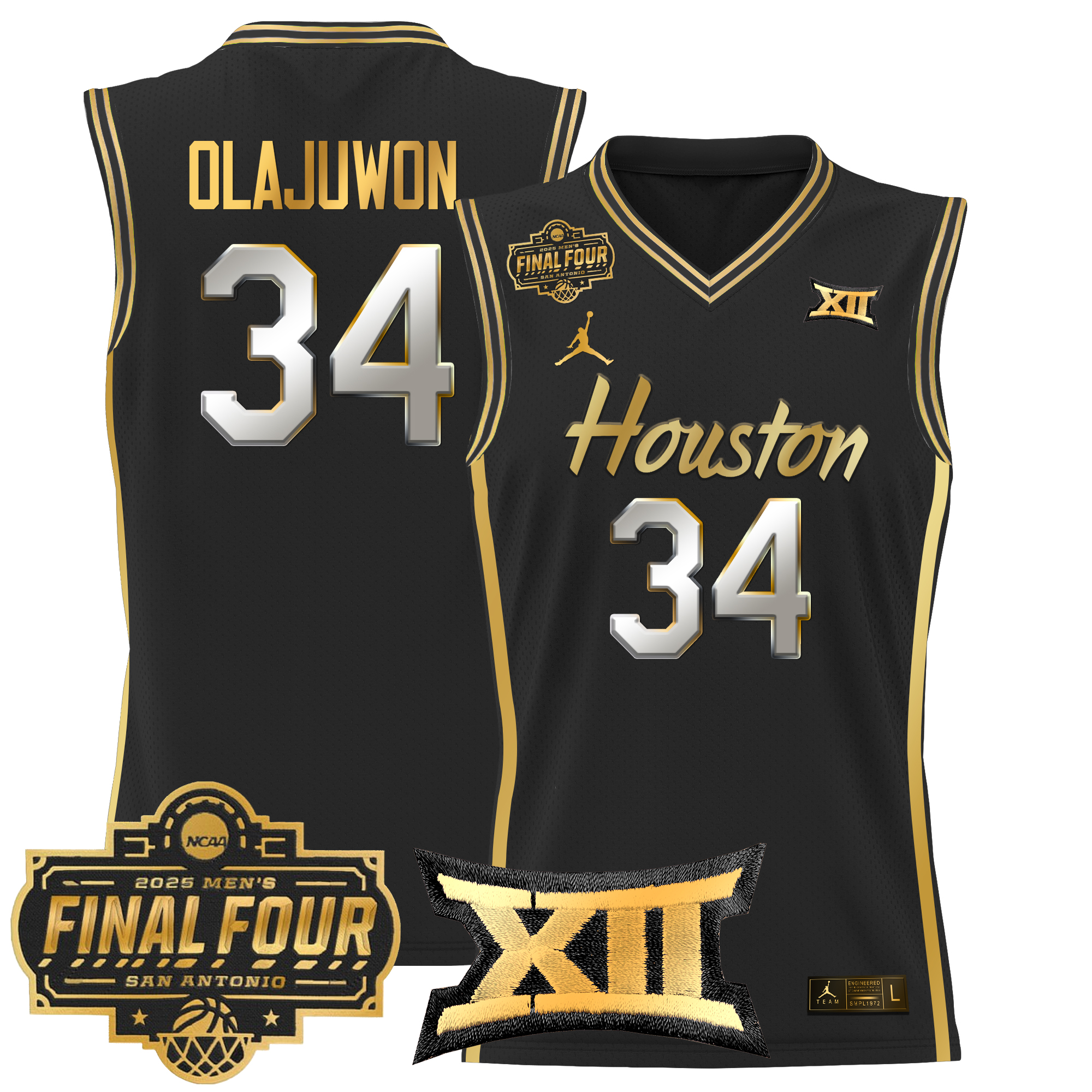 Hakeem Olajuwon Men's Houston Cougars 2025 Final Four Patch Basketball Black Gold Jersey - All Stitched