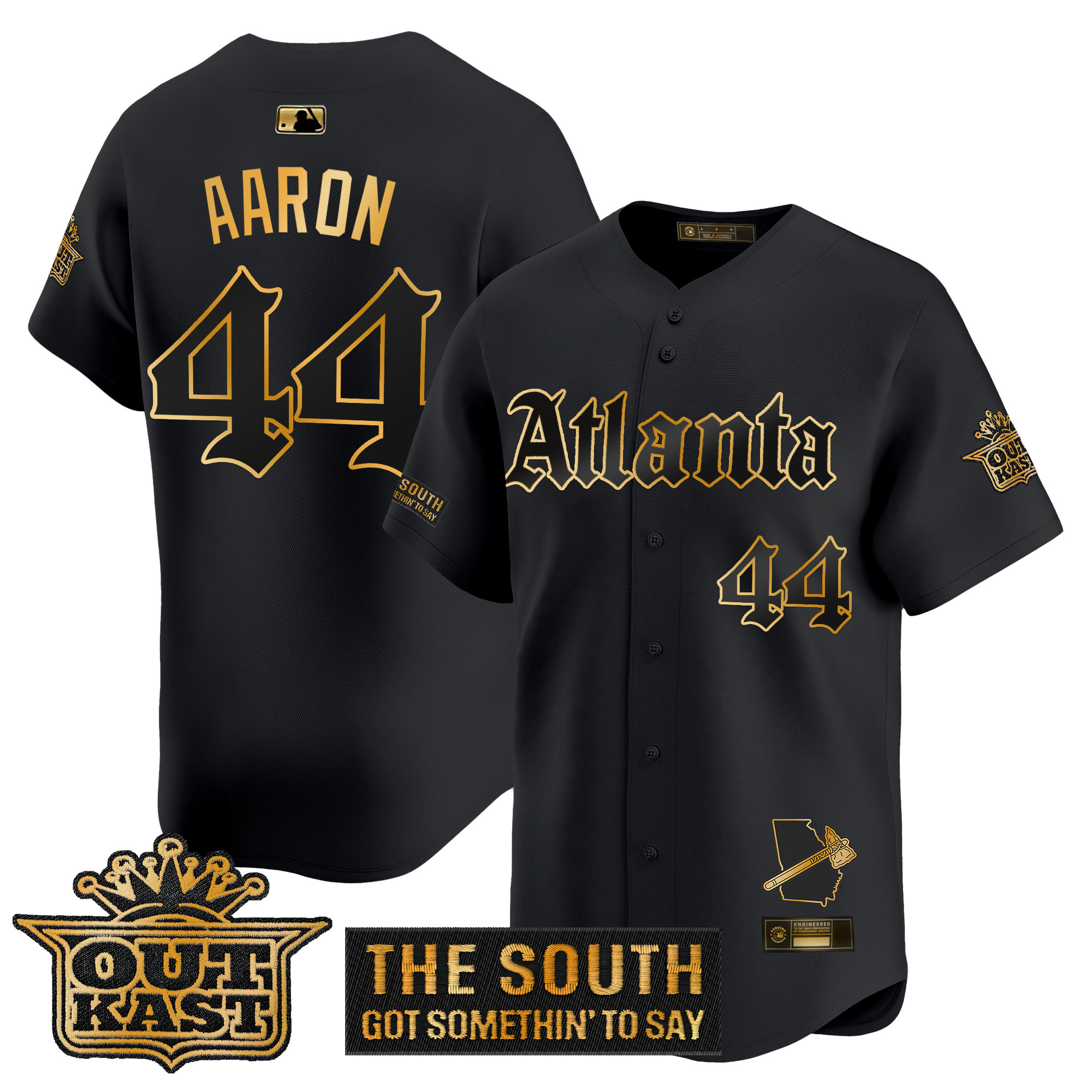 Hank Aaron Men's Atlanta Braves Gothic South x Outkast Edition Gold Vapor Premier Limited Black Gold Jersey - All Stitched