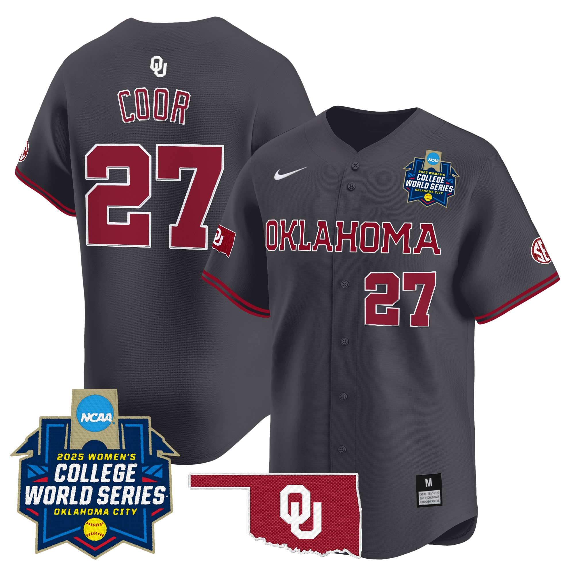 Hannah Coor Men's size - Oklahoma Sooners Softball 2025 World Series (WCWS) Vapor Premier Limited Anthracite Jersey - All Stitched