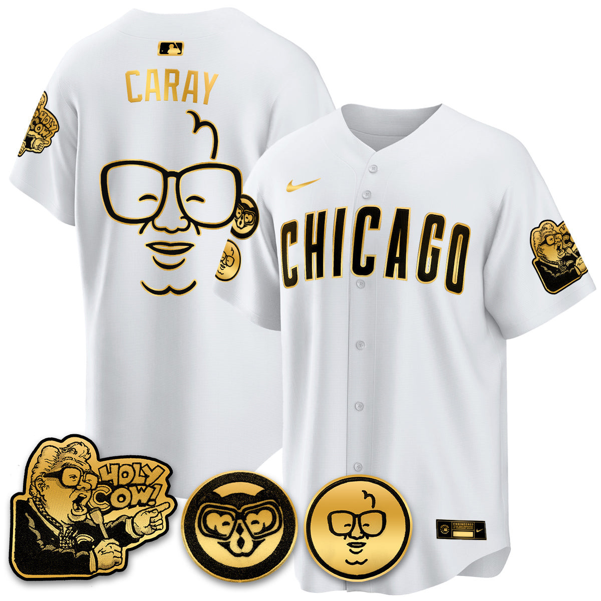 Harry Caray Men's Chicago Cubs Harry Caray Holy Cow Patch Premier Limited White Gold Jersey - All Stitched