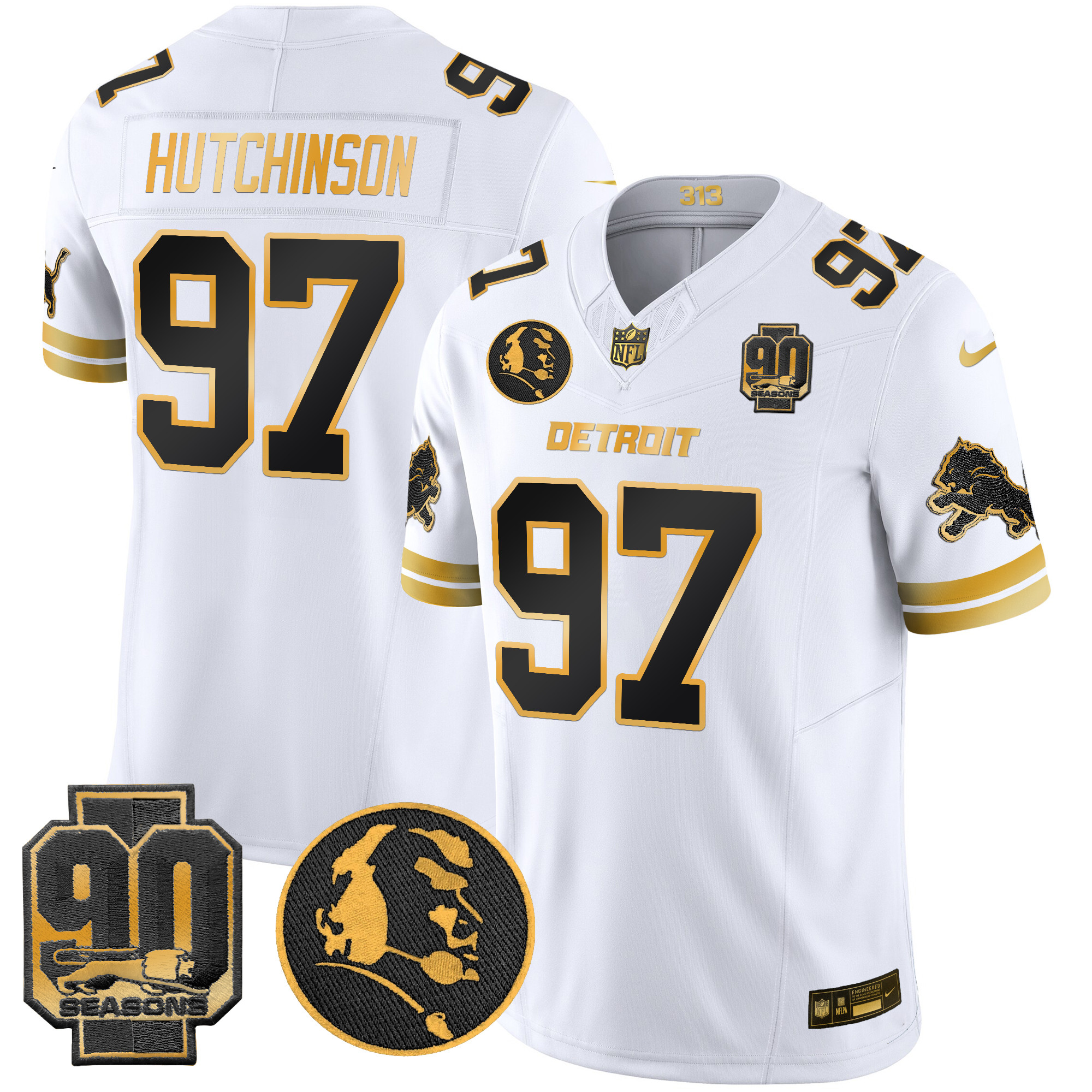 Hutchinson Men's Detroit Lions 2024 90th & John Madden Patch Gold Vapor Limited White Gold Jersey V2 - All Stitched