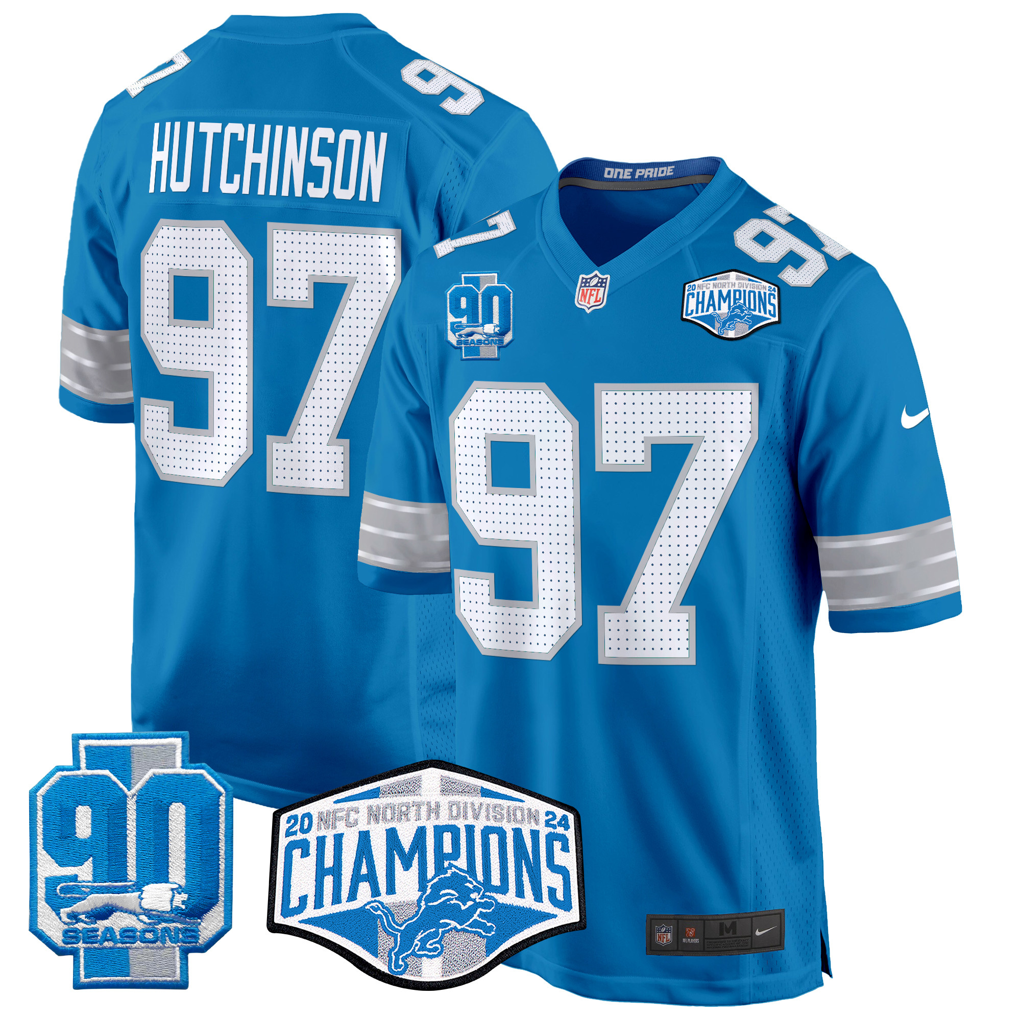 Hutchinson Men's Detroit Lions 2024 NFC North Division Champions Patch Game Blue Jersey - All Stitched