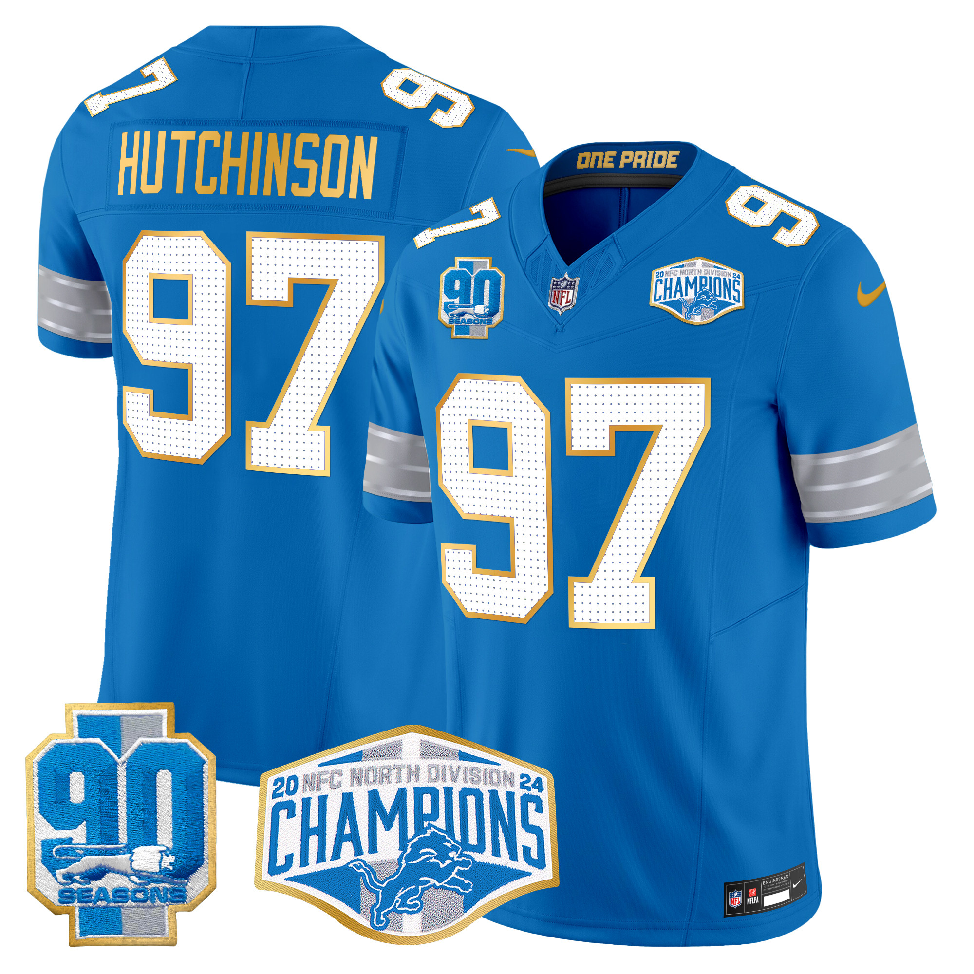 Hutchinson Men's Detroit Lions 2024 NFC North Division Champions Patch Gold Trim Vapor Limited Blue Jersey - All Stitched