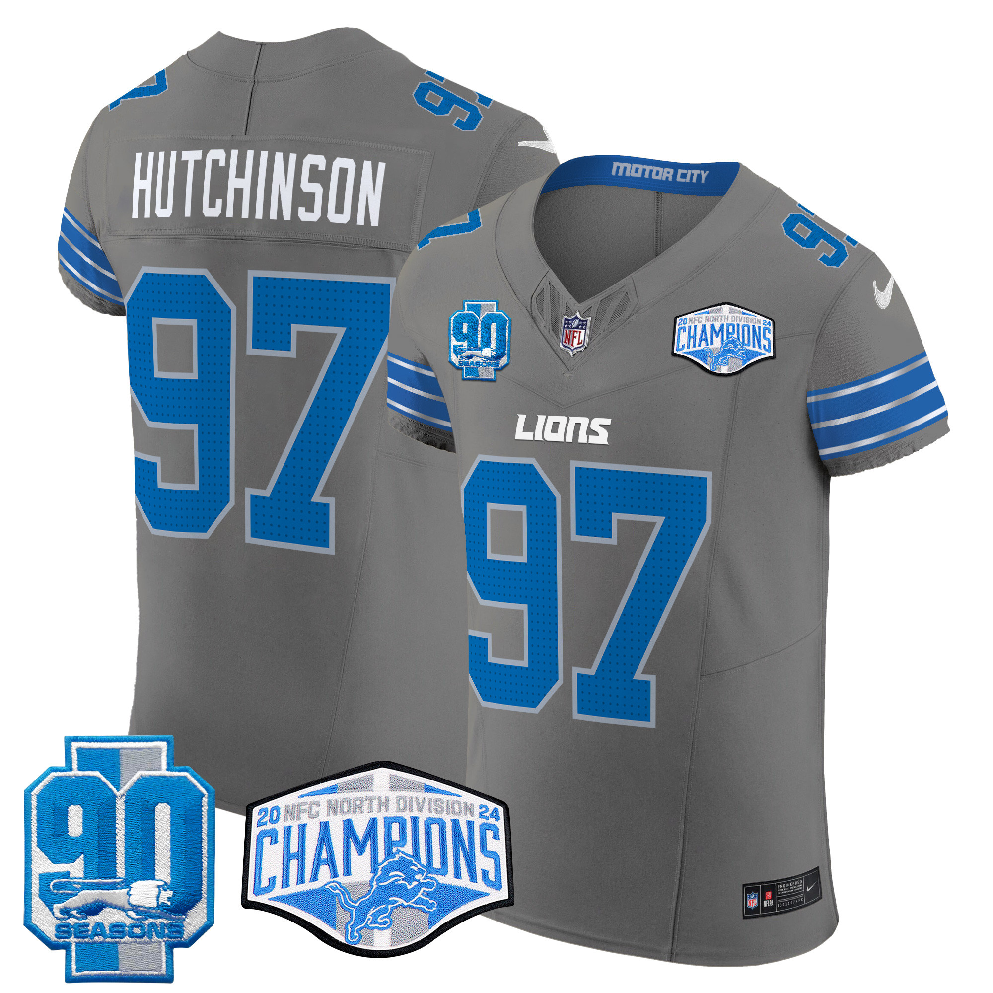 Hutchinson Men's Detroit Lions 2024 NFC North Division Champions Patch Vapor Elite Gray Jersey - All Stitched