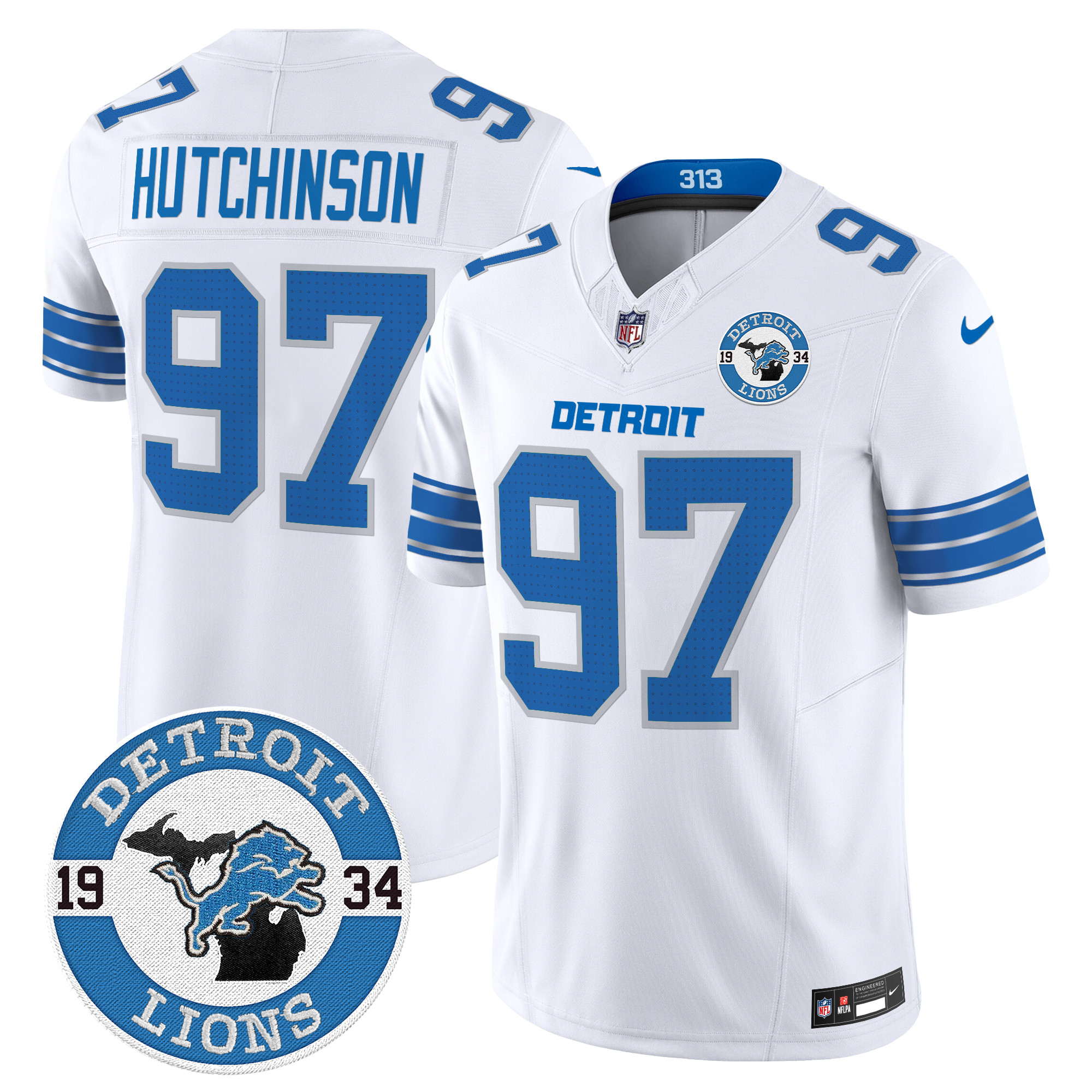 Hutchinson Men's Detroit Lions 2024 Vapor Limited White Jersey - Est. 1934 Patch - All Stitched